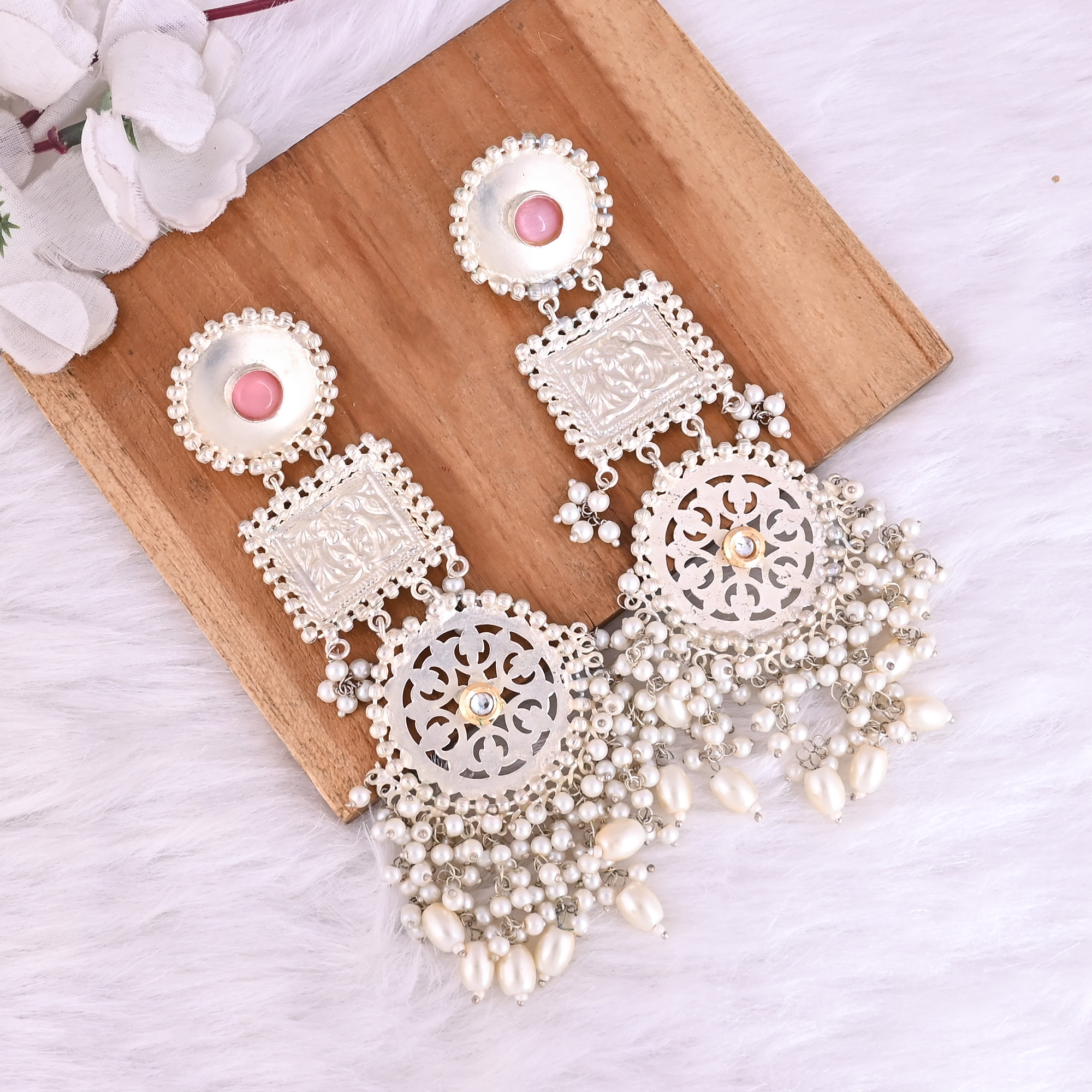 Pink Catseye Kundan Pearl Stone German Silver Ethnic Design Dangle Earring