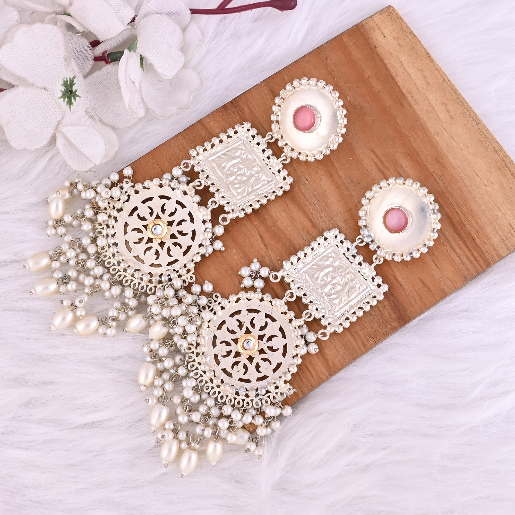 Pink Catseye Kundan Pearl Stone German Silver Ethnic Design Dangle Earring