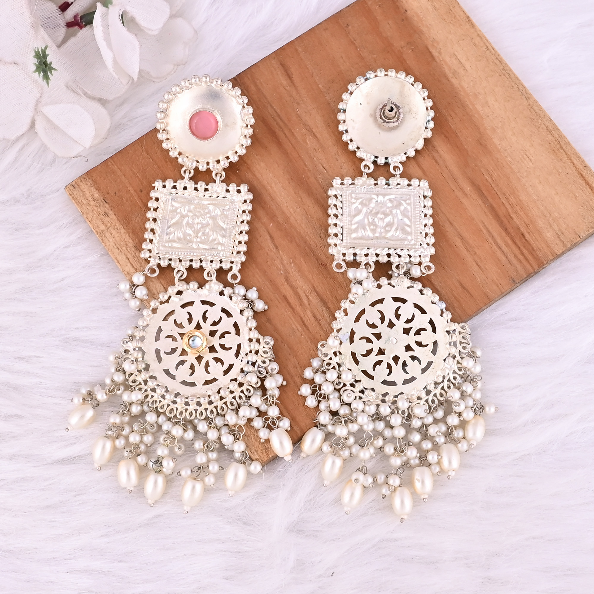 Pink Catseye Kundan Pearl Stone German Silver Ethnic Design Dangle Earring