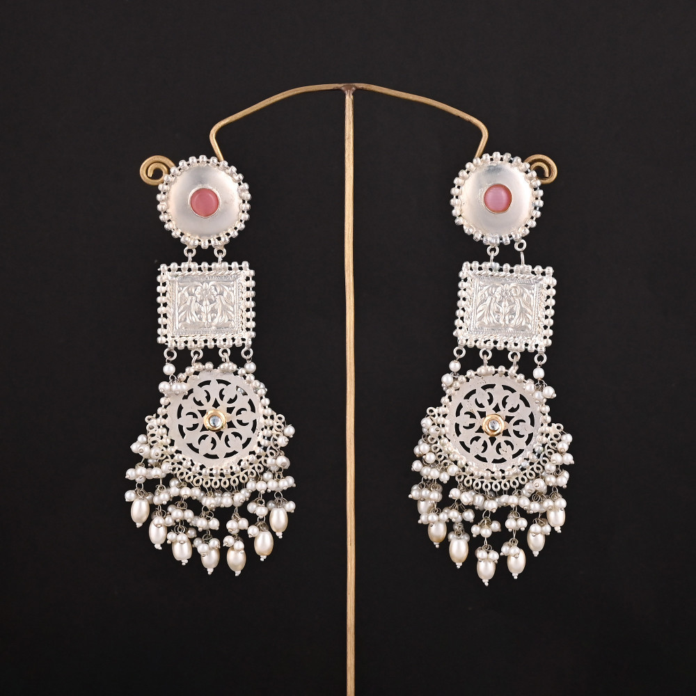 Image of Pink Cat'seye, Kundan, Pearl Stone German Silver Ethnic Design Dangle Earring
