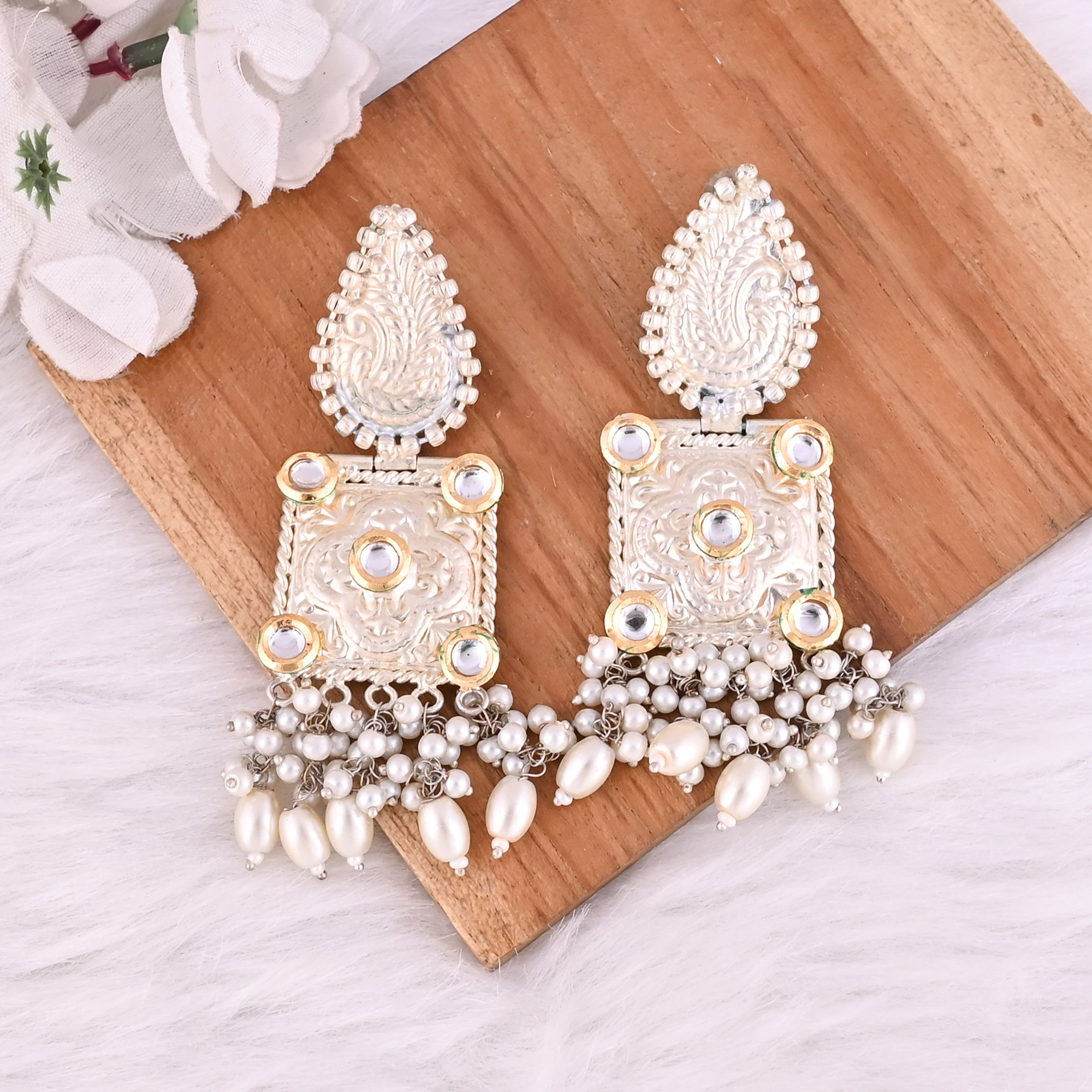Kundan Pearls  German Silver Ethnic Design Dangle Earrings