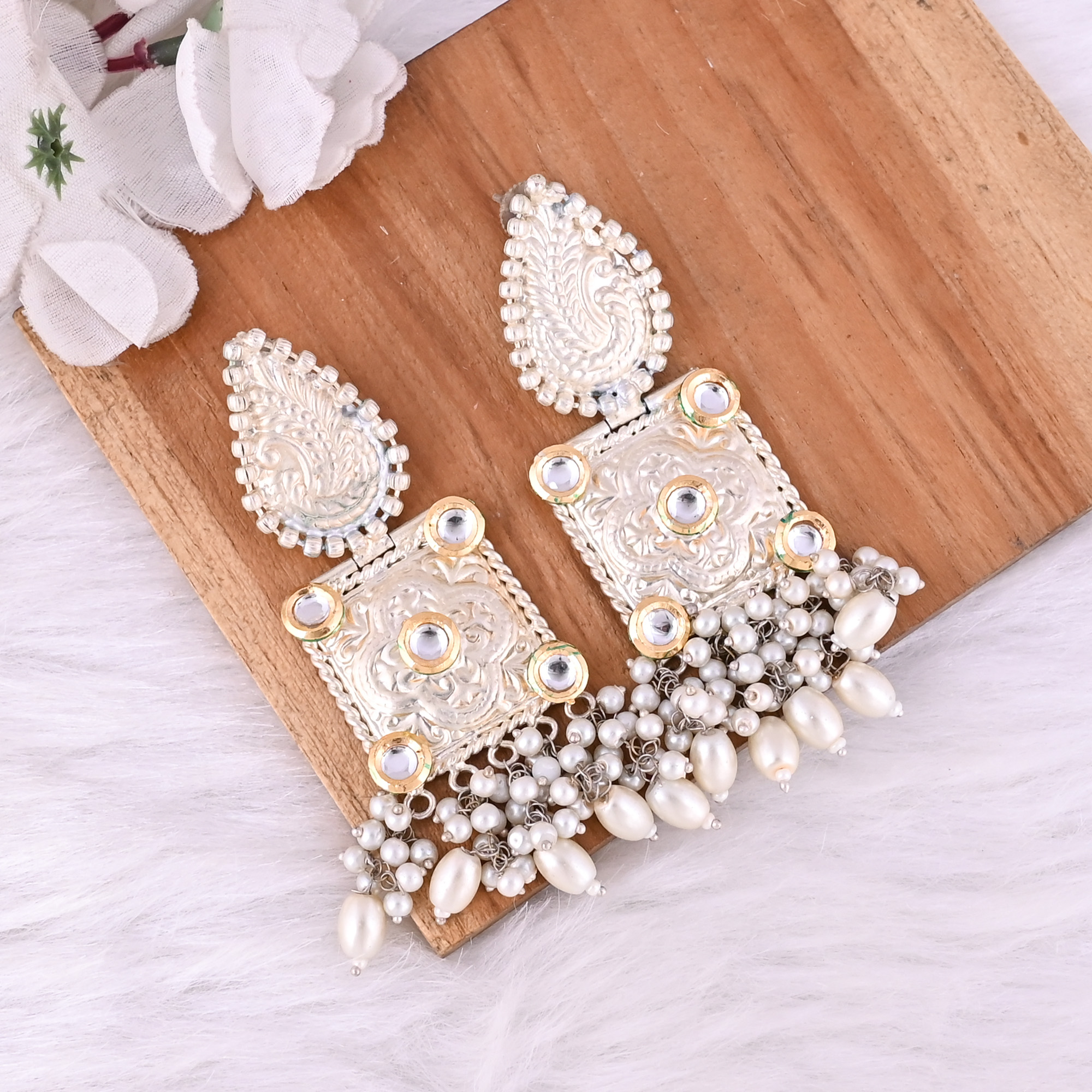 Kundan Pearls  German Silver Ethnic Design Dangle Earrings