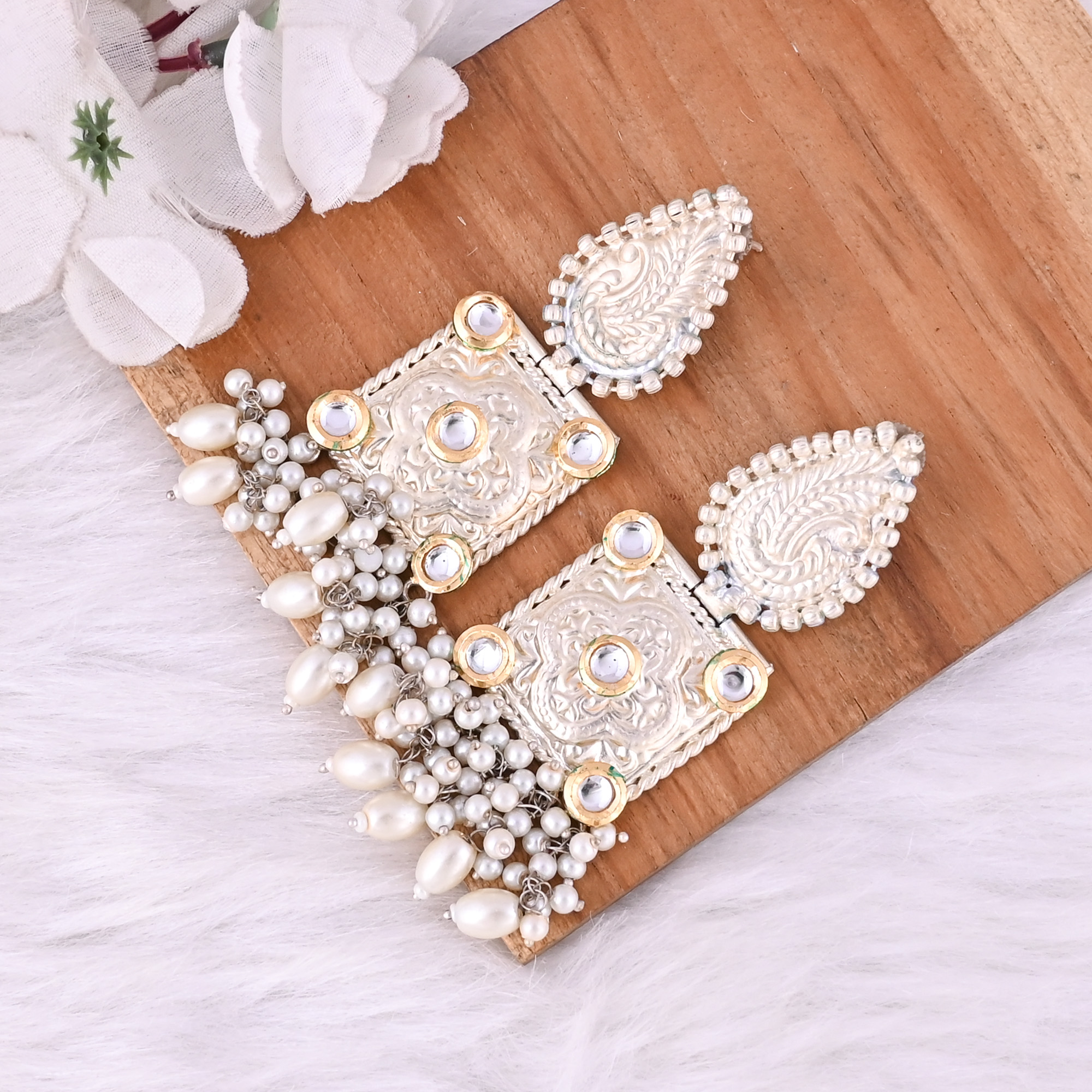Kundan Pearls German Silver Ethnic Design Dangle Earrings
