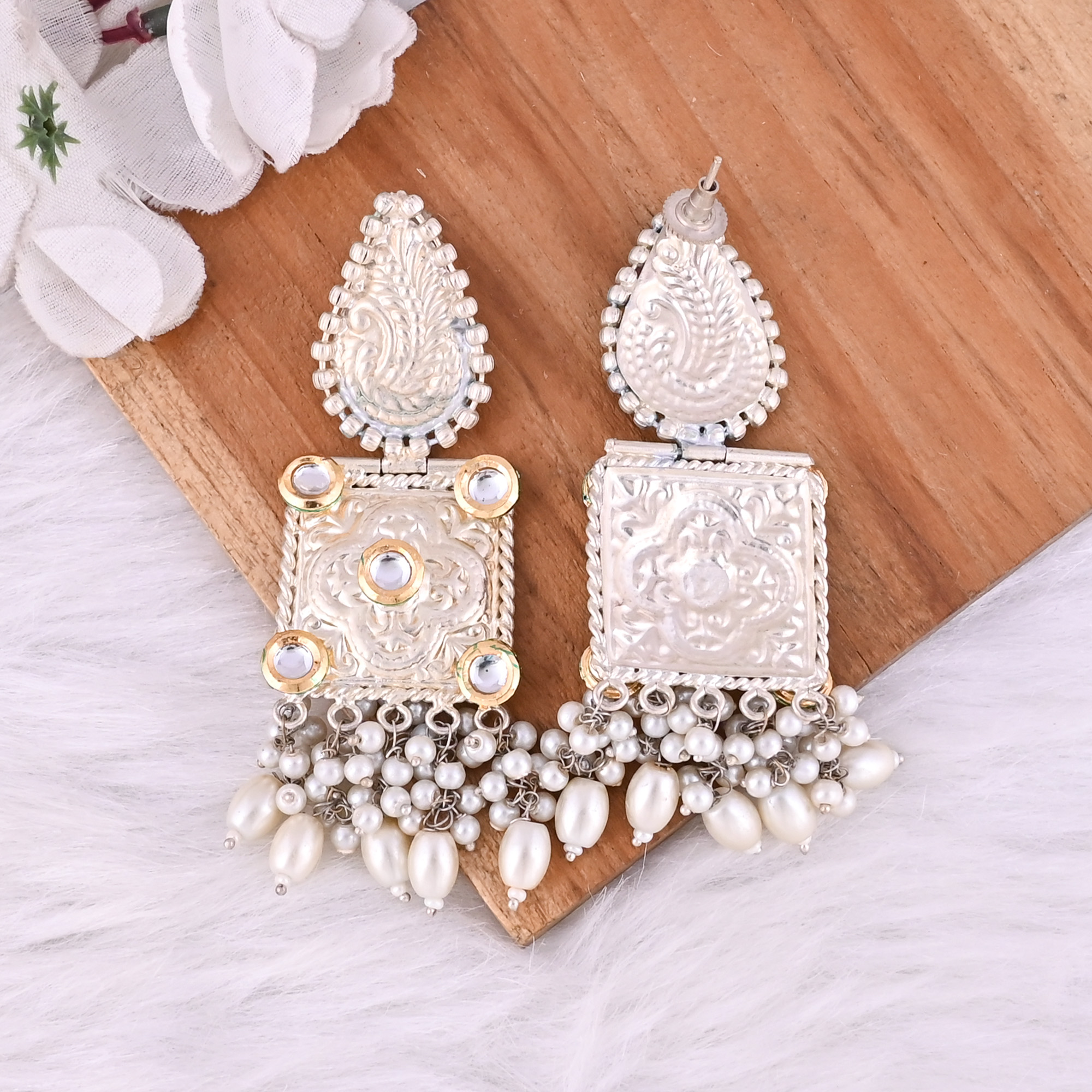 Kundan Pearls German Silver Ethnic Design Dangle Earrings