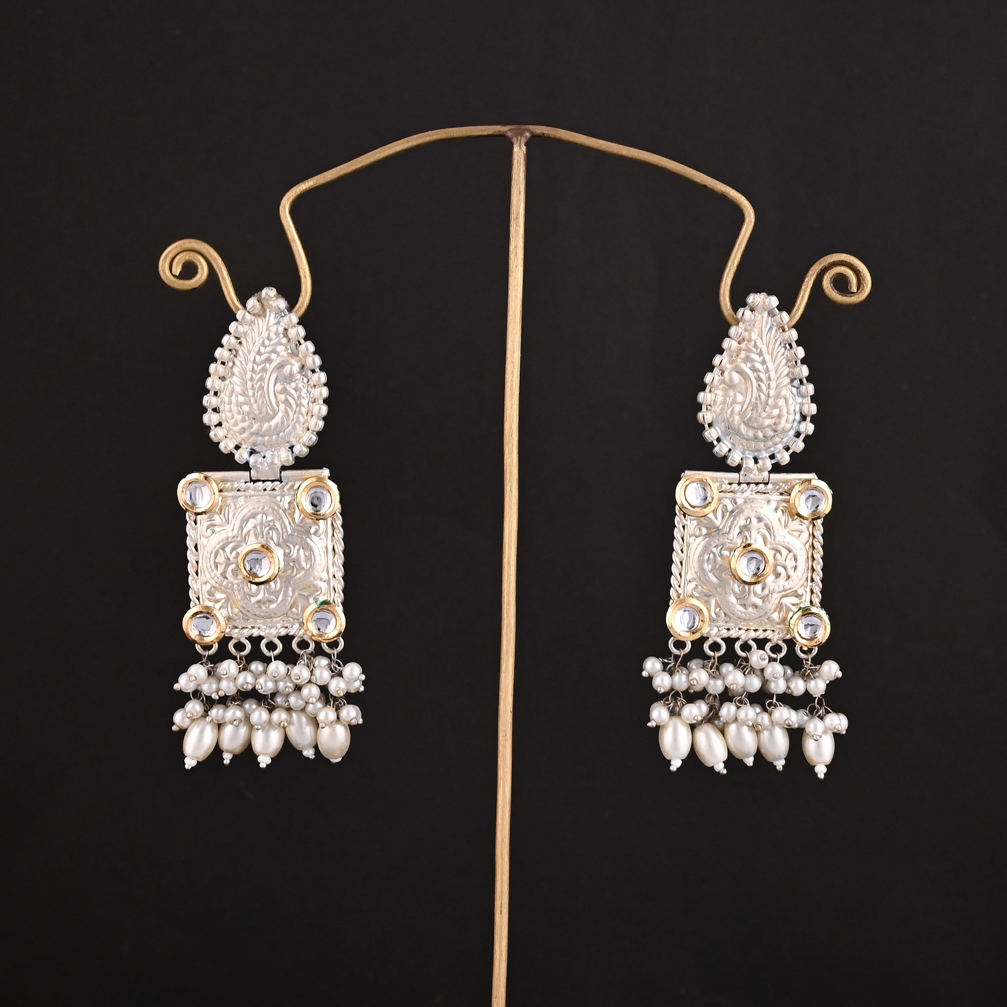 Kundan Pearls German Silver Ethnic Design Dangle Earrings