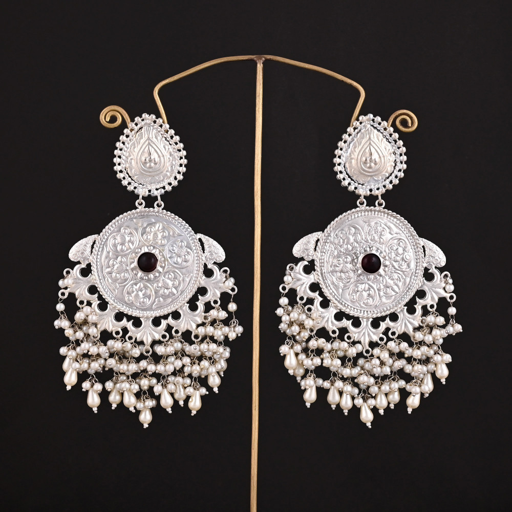 Image of Garnet Hydro, Pearl Stone German Silver Ethnic Design Dangle Earring