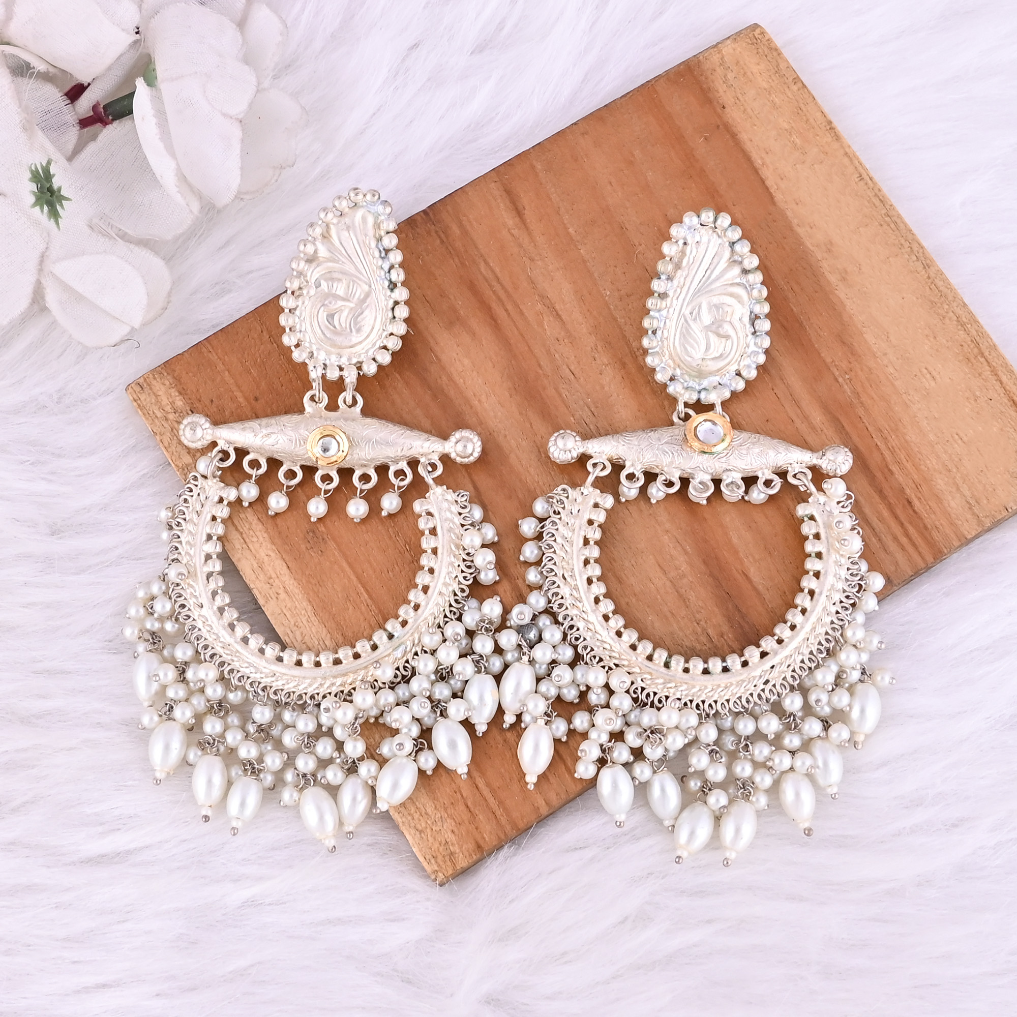 Kundan Pearls Stone German Silver Ethnic Design Dangle Earring