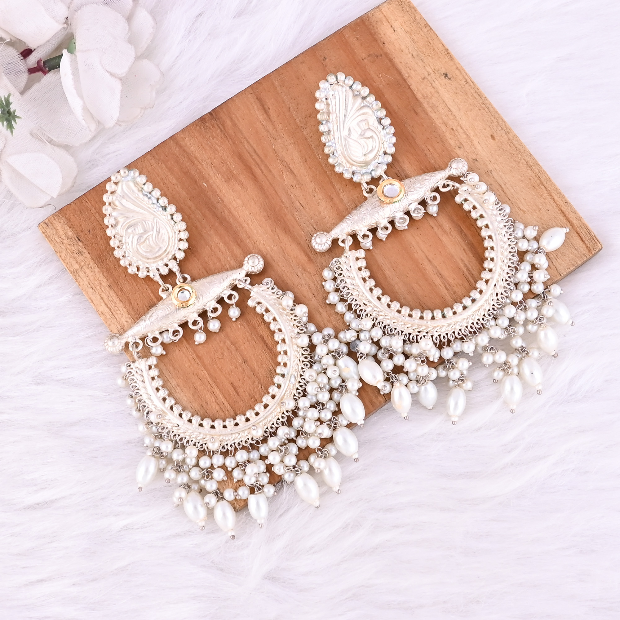 Kundan Pearls Stone German Silver Ethnic Design Dangle Earring