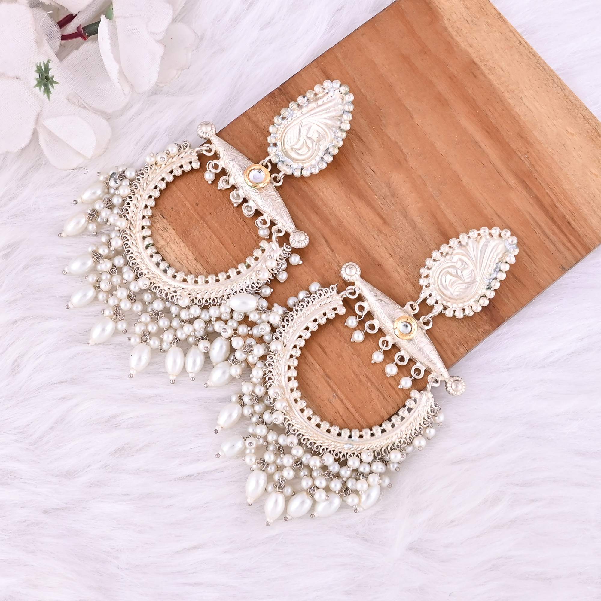 Kundan Pearls Stone German Silver Ethnic Design Dangle Earring