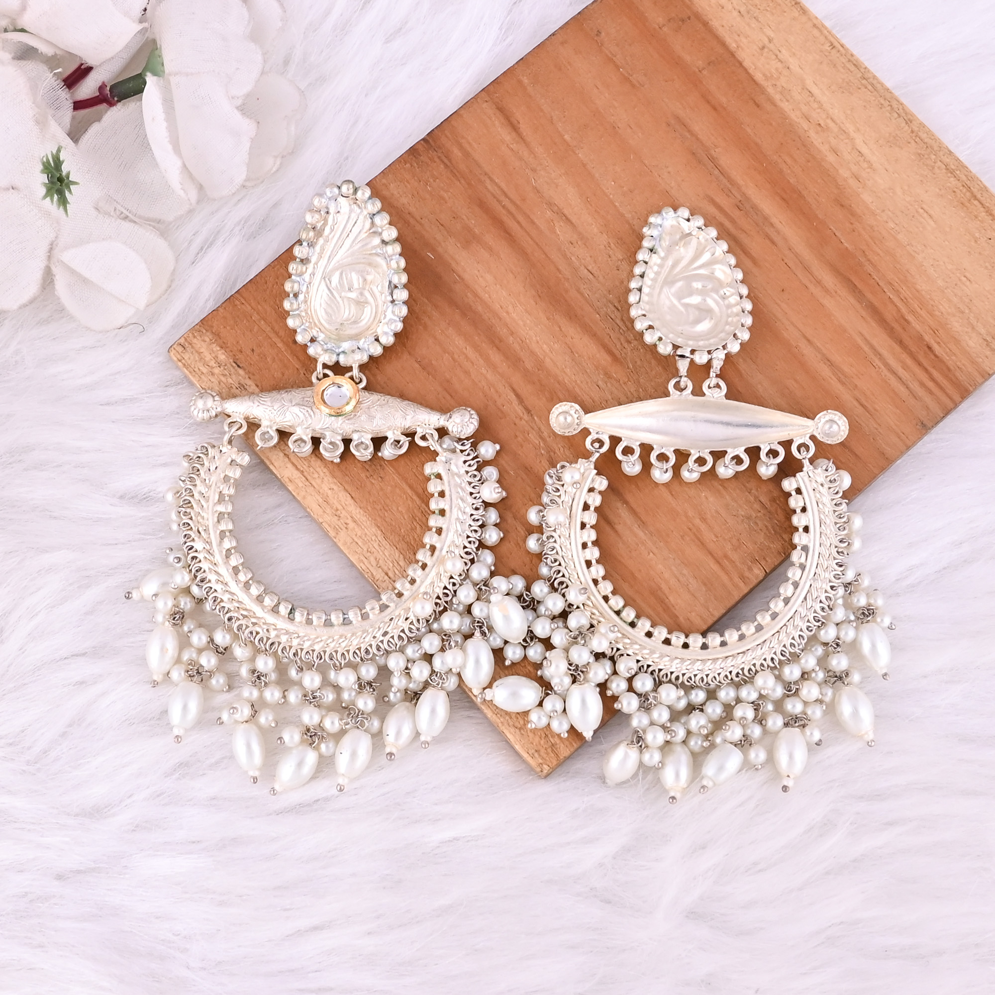 Kundan Pearls Stone German Silver Ethnic Design Dangle Earring