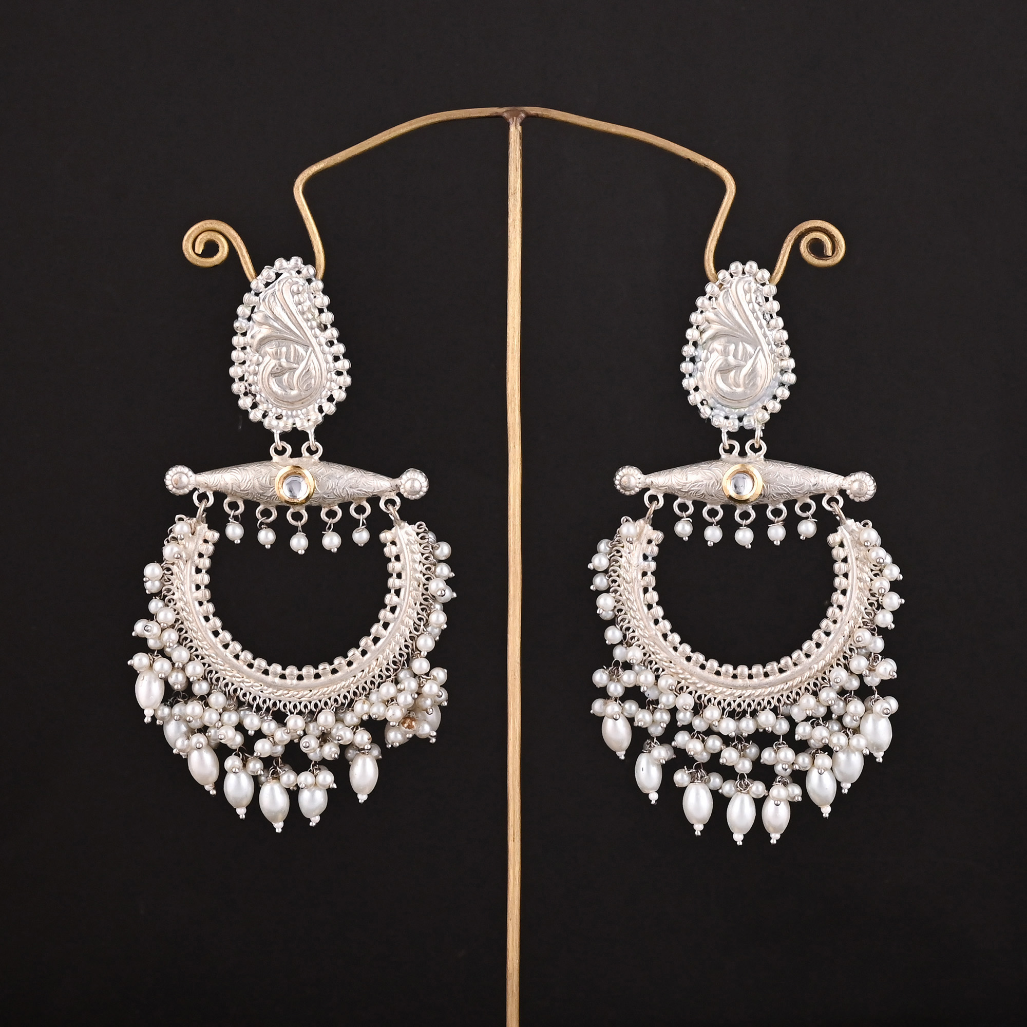 Kundan Pearls Stone German Silver Ethnic Design Dangle Earring