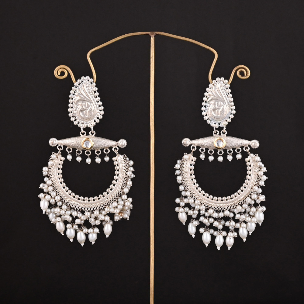 Image of Kundan, Pearl's Stone German Silver Ethnic Design Dangle Earring
