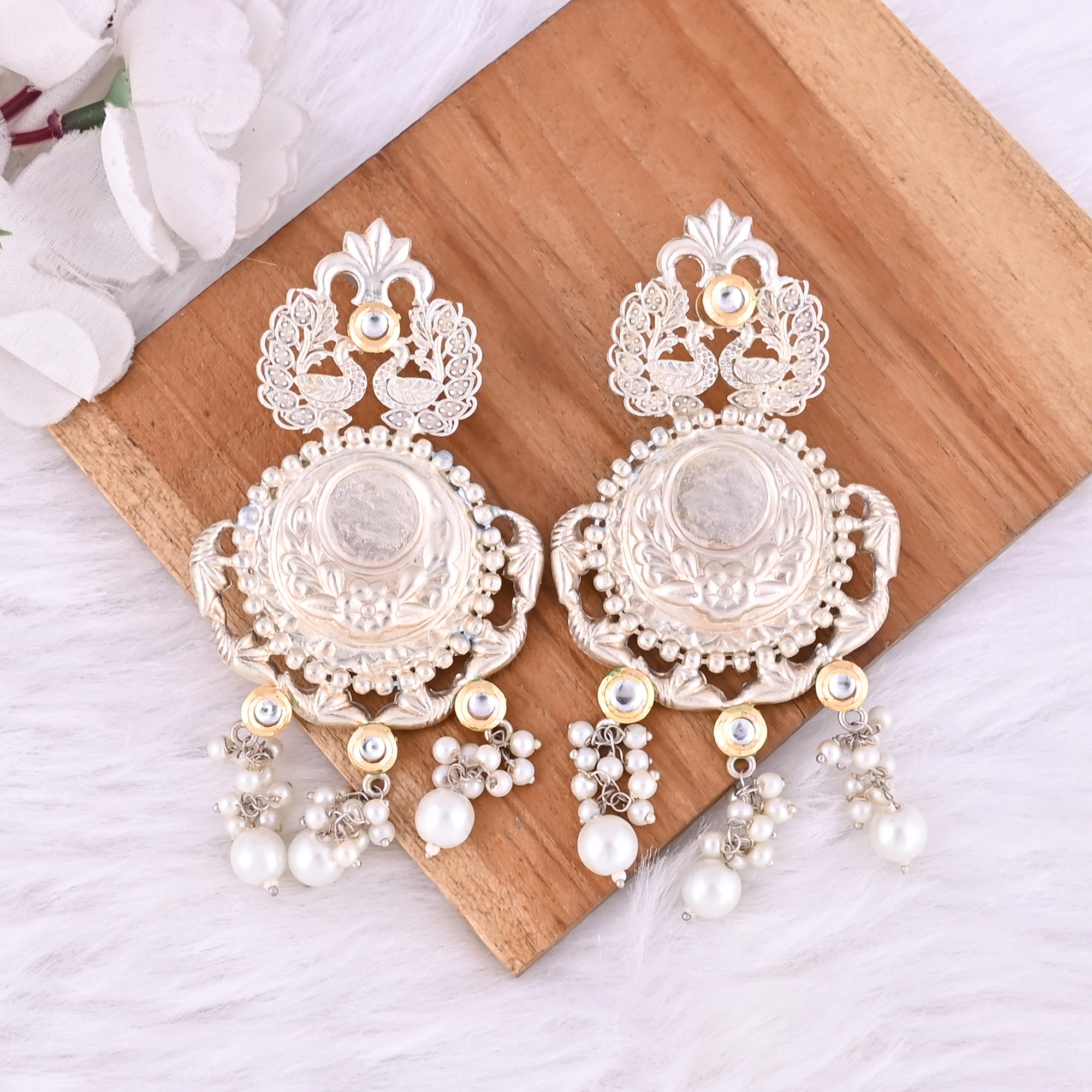 Kundan Pearls Stone German Silver Ethnic Design Dangle Earring
