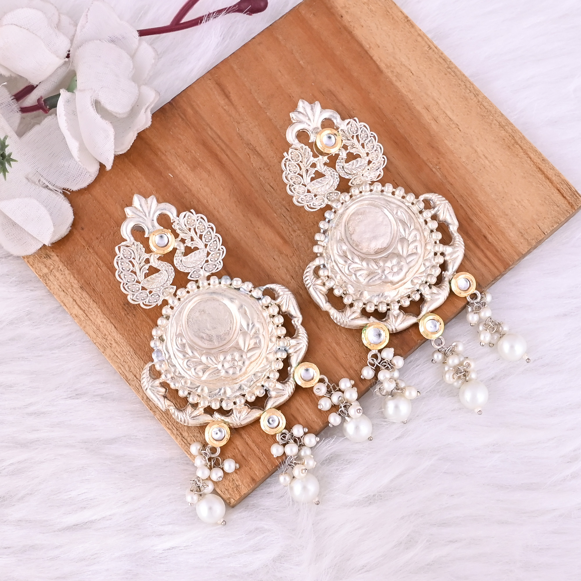 Kundan Pearls Stone German Silver Ethnic Design Dangle Earring