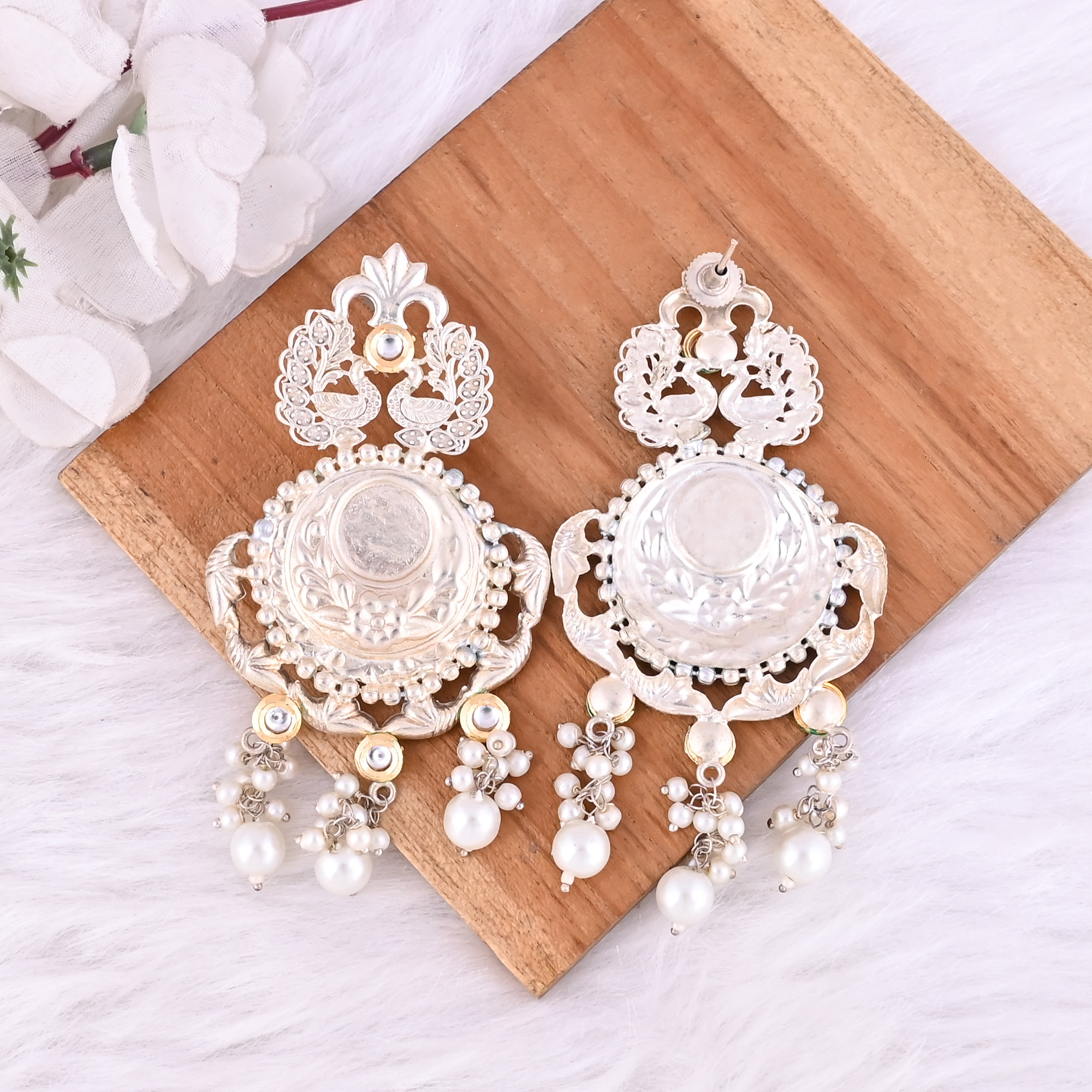 Kundan Pearls Stone German Silver Ethnic Design Dangle Earring