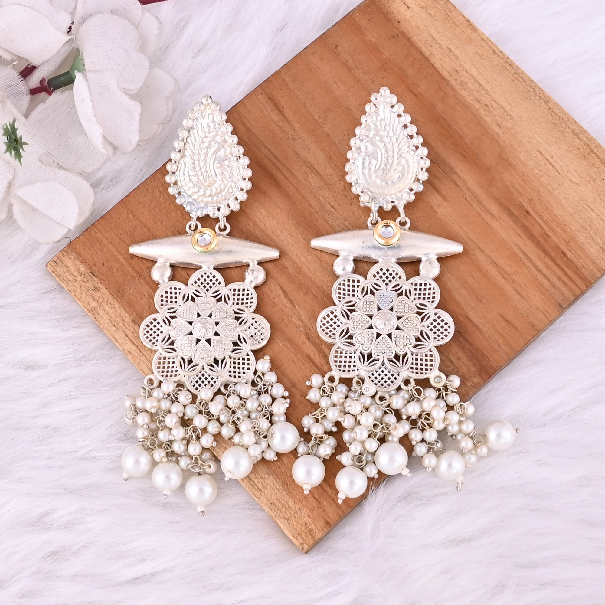 Kundan Pearl Stone German Silver Ethnic Design Dangle Earring