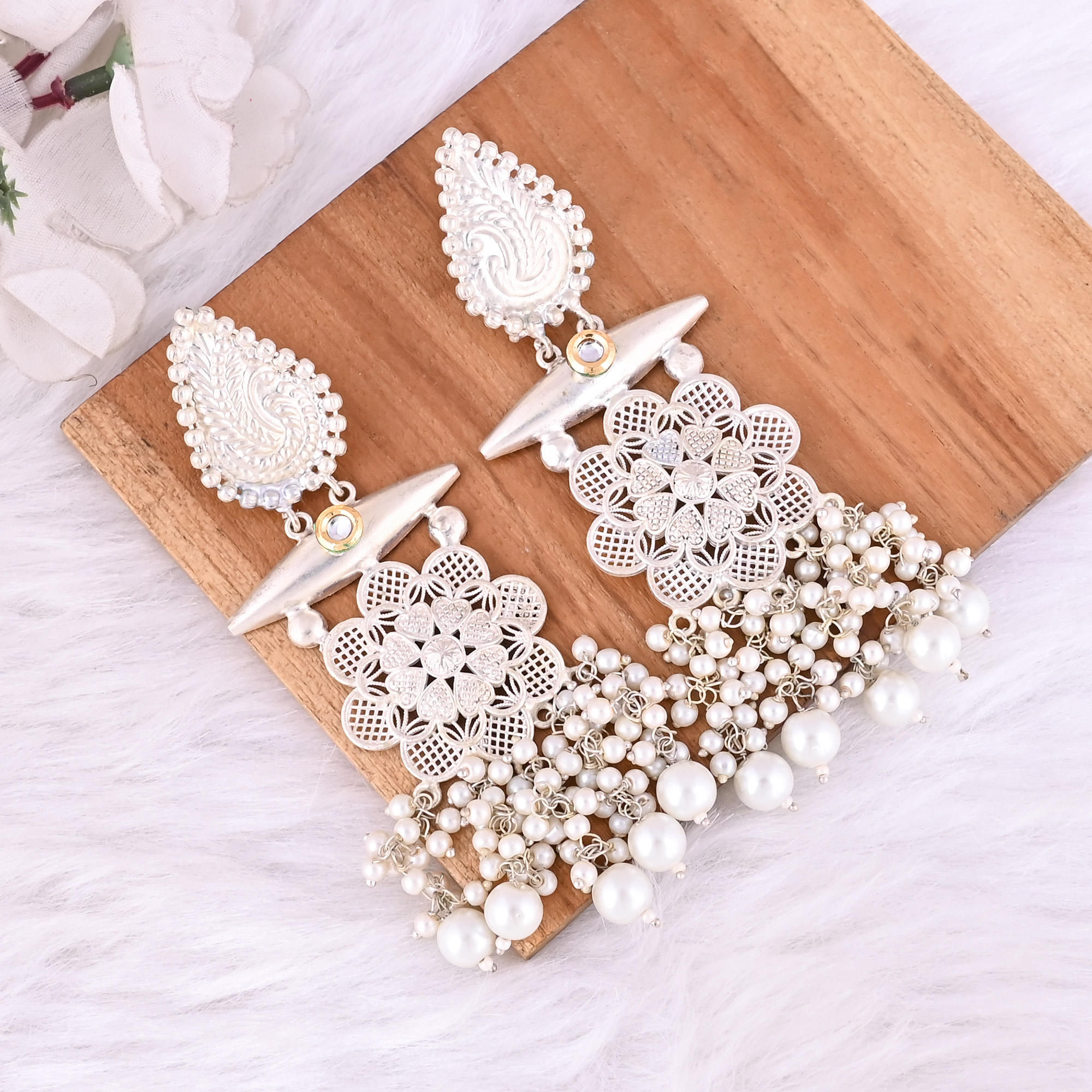 Kundan Pearl Stone German Silver Ethnic Design Dangle Earring