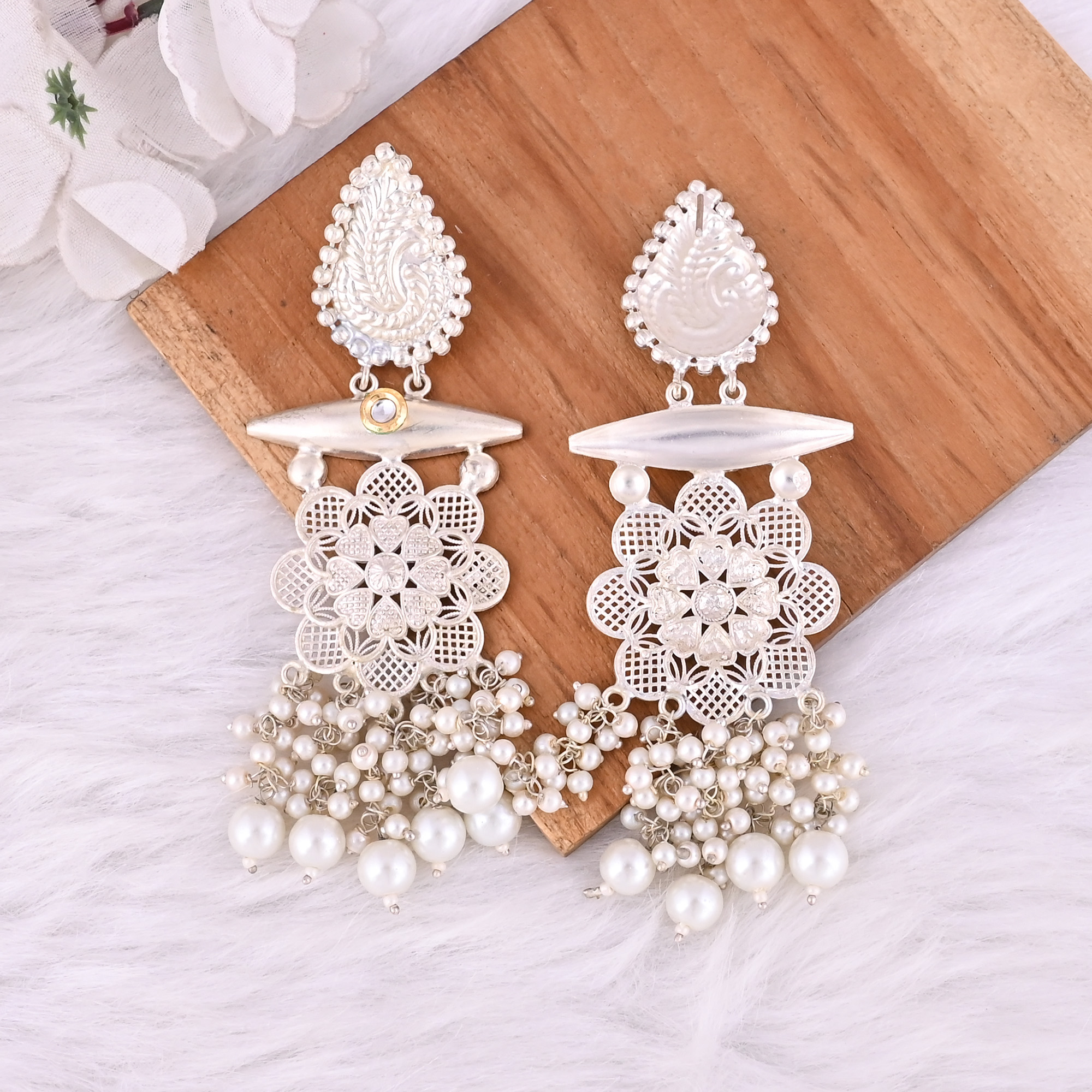 Kundan Pearl Stone German Silver Ethnic Design Dangle Earring