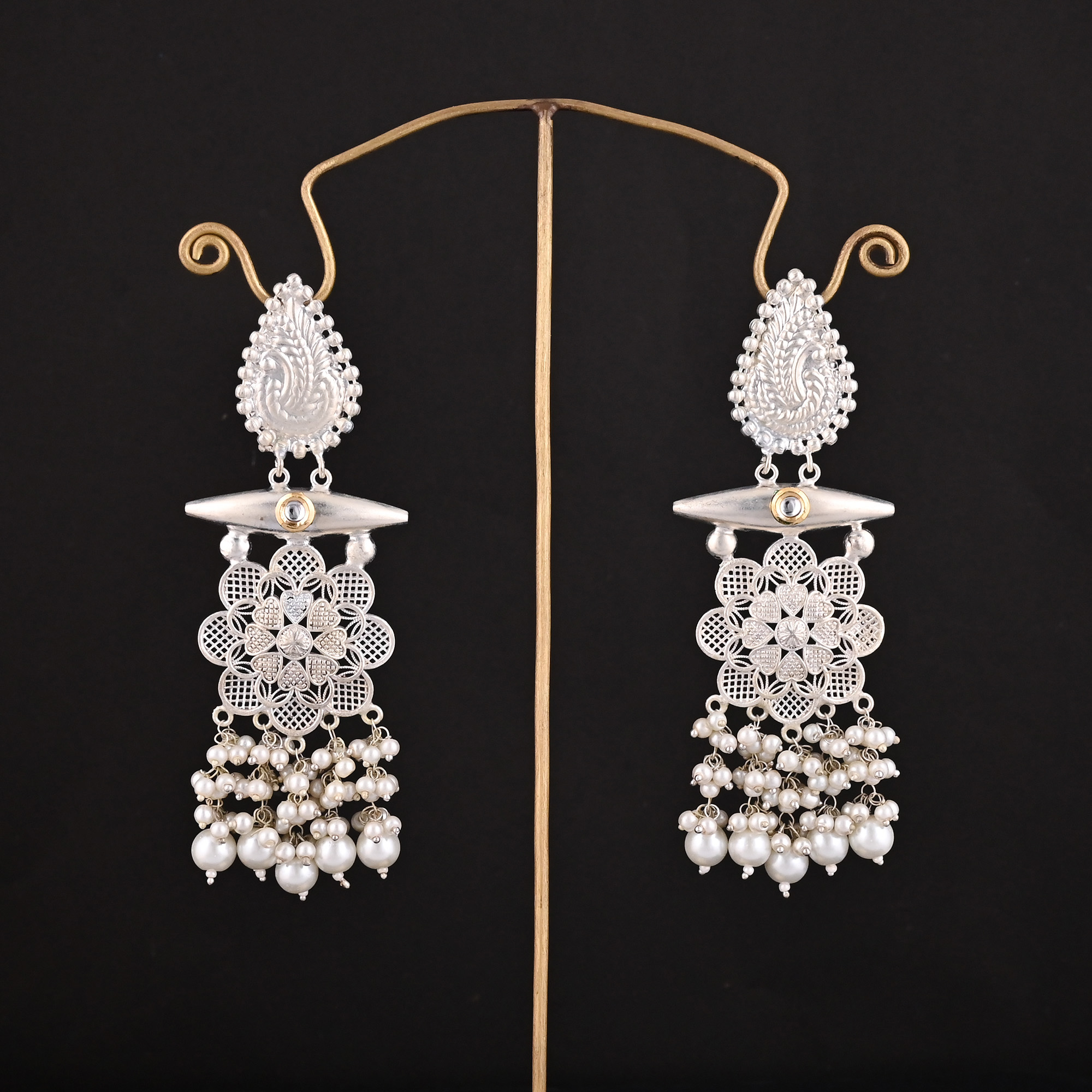 Kundan Pearl Stone German Silver Ethnic Design Dangle Earring