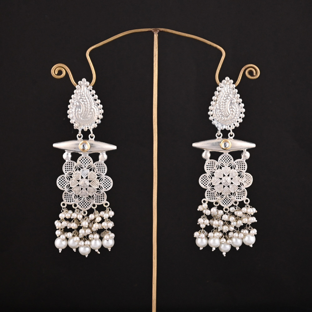 Image of Kundan, Pearl Stone German Silver Ethnic Design Dangle Earring