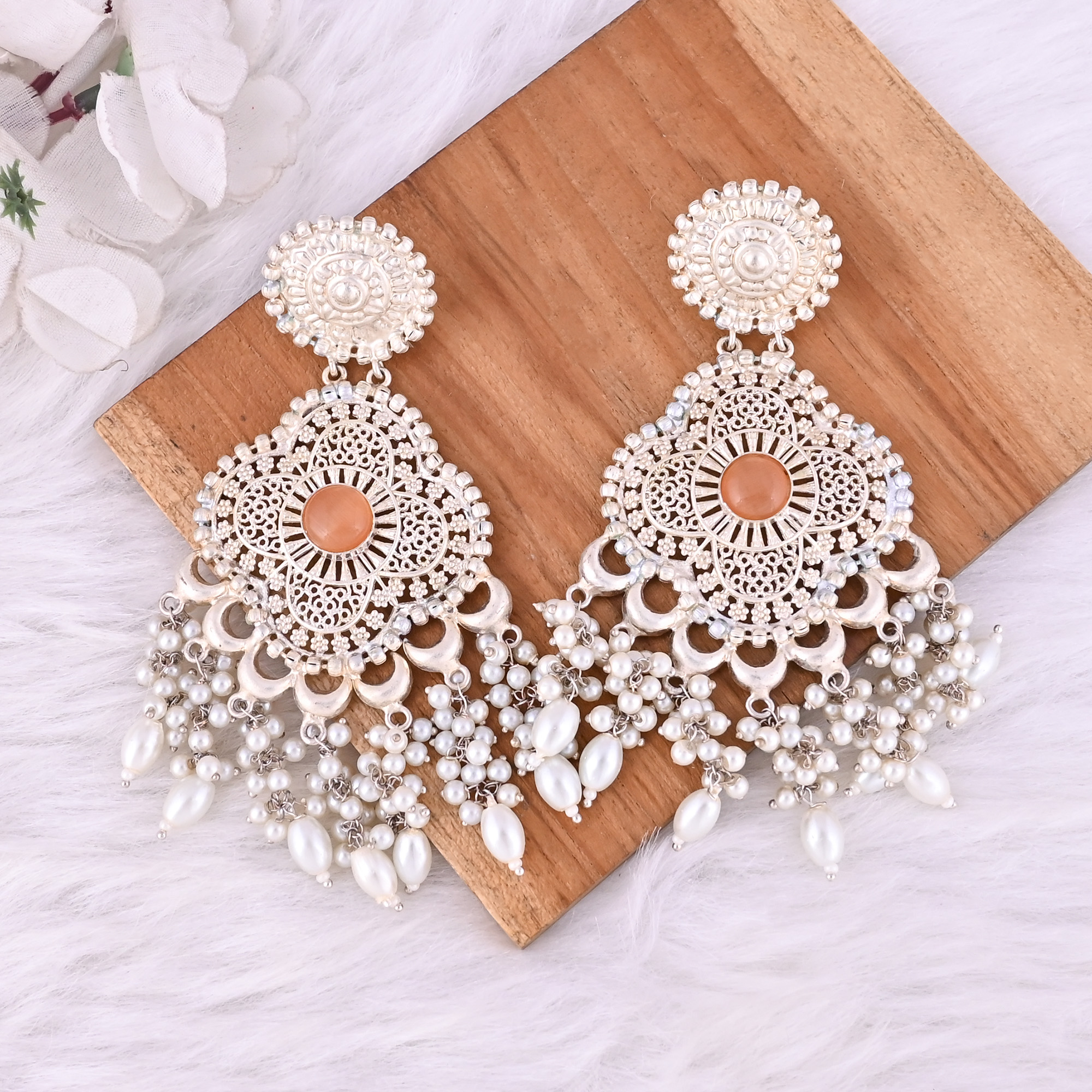 Orange Catseye Pearls Stone German Silver Ethnic Style Dangle Earring