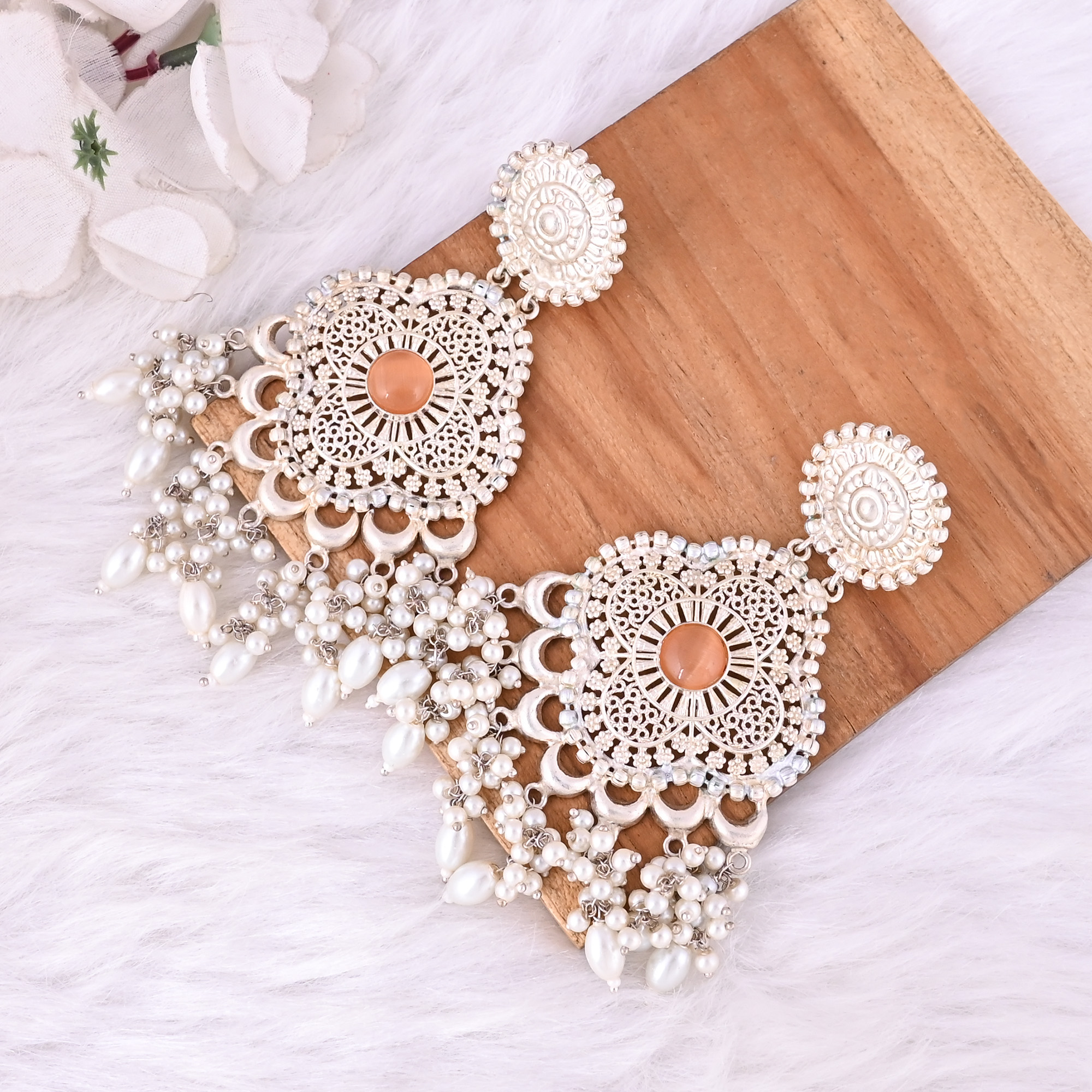 Orange Catseye Pearls Stone German Silver Ethnic Style Dangle Earring