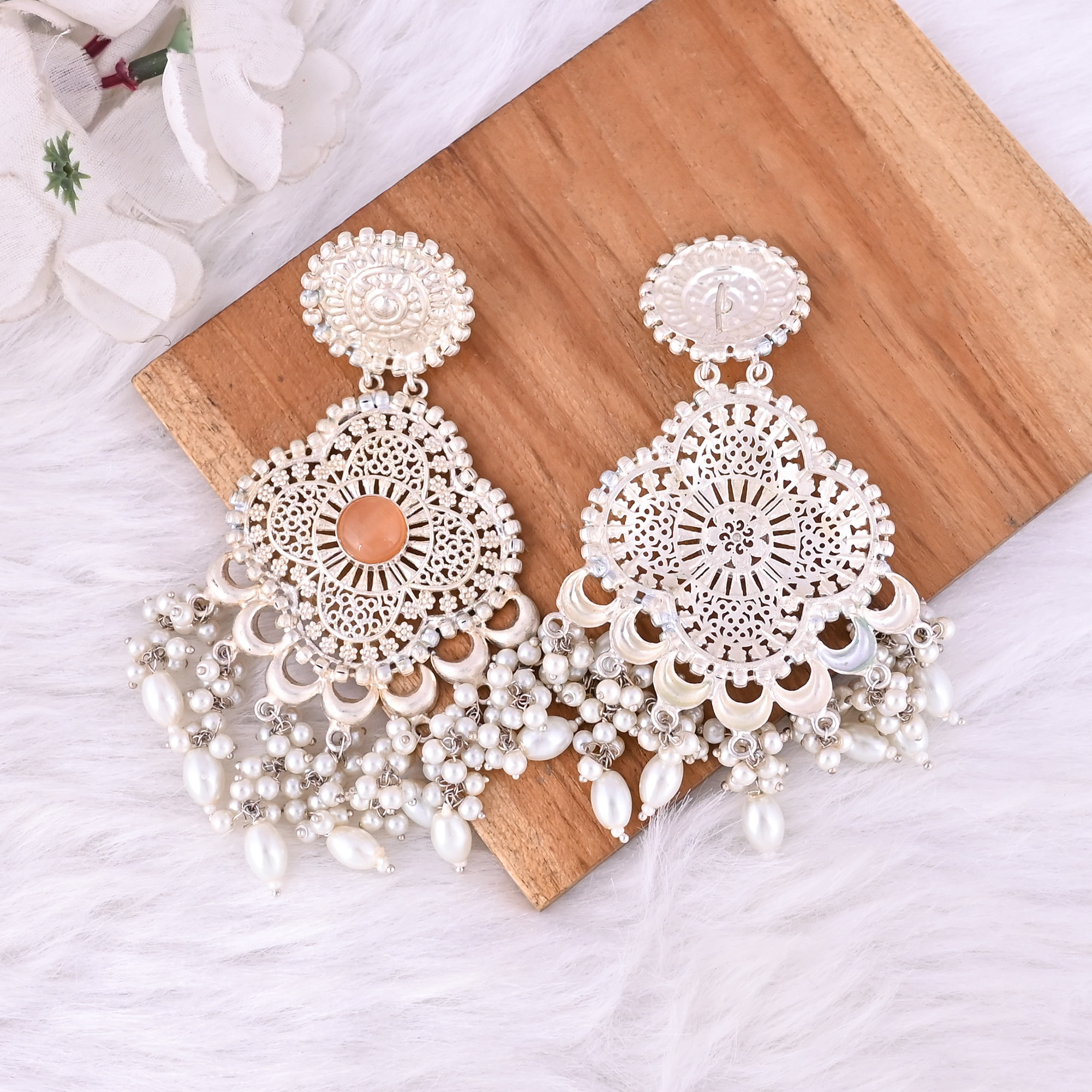 Orange Catseye Pearls Stone German Silver Ethnic Style Dangle Earring