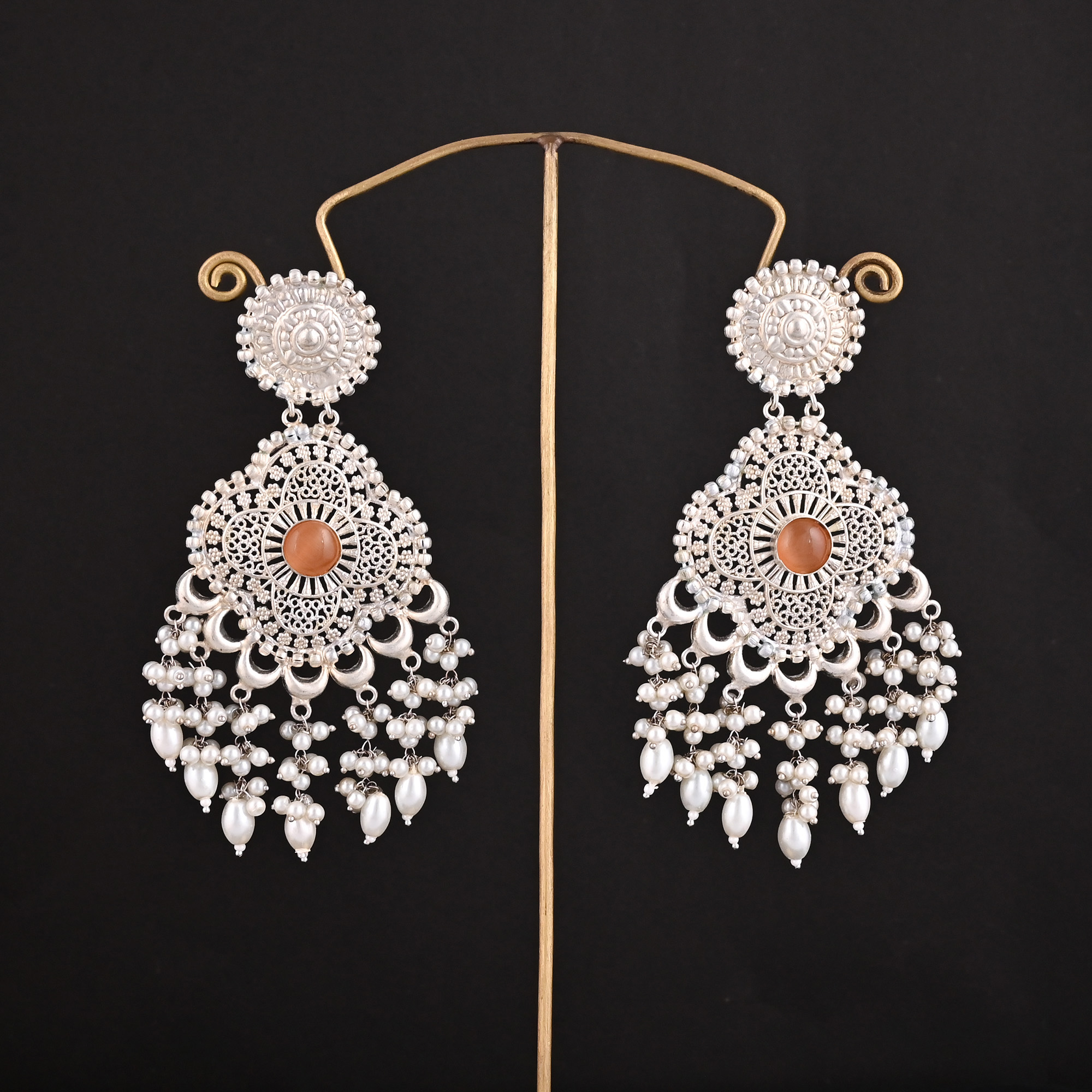 Orange Catseye Pearls Stone German Silver Ethnic Style Dangle Earring