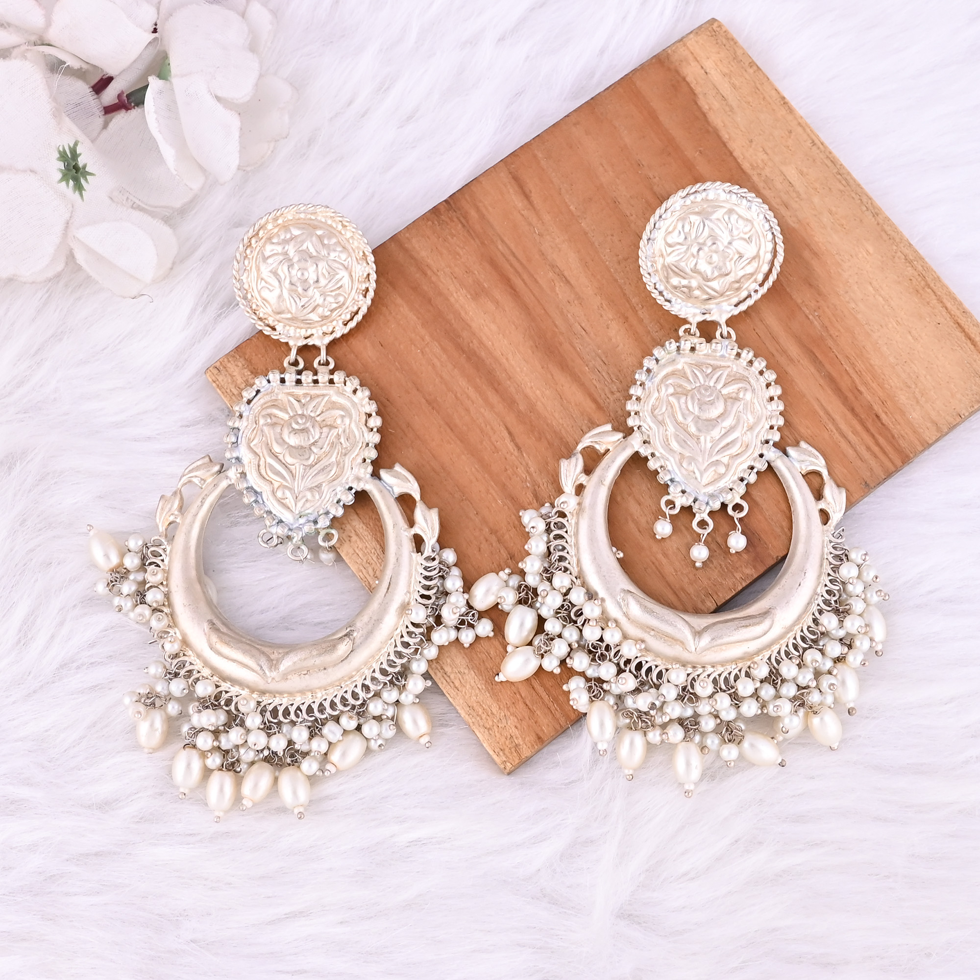 Pearl Stone German Silver Ethnic Design Long Dangle Earring