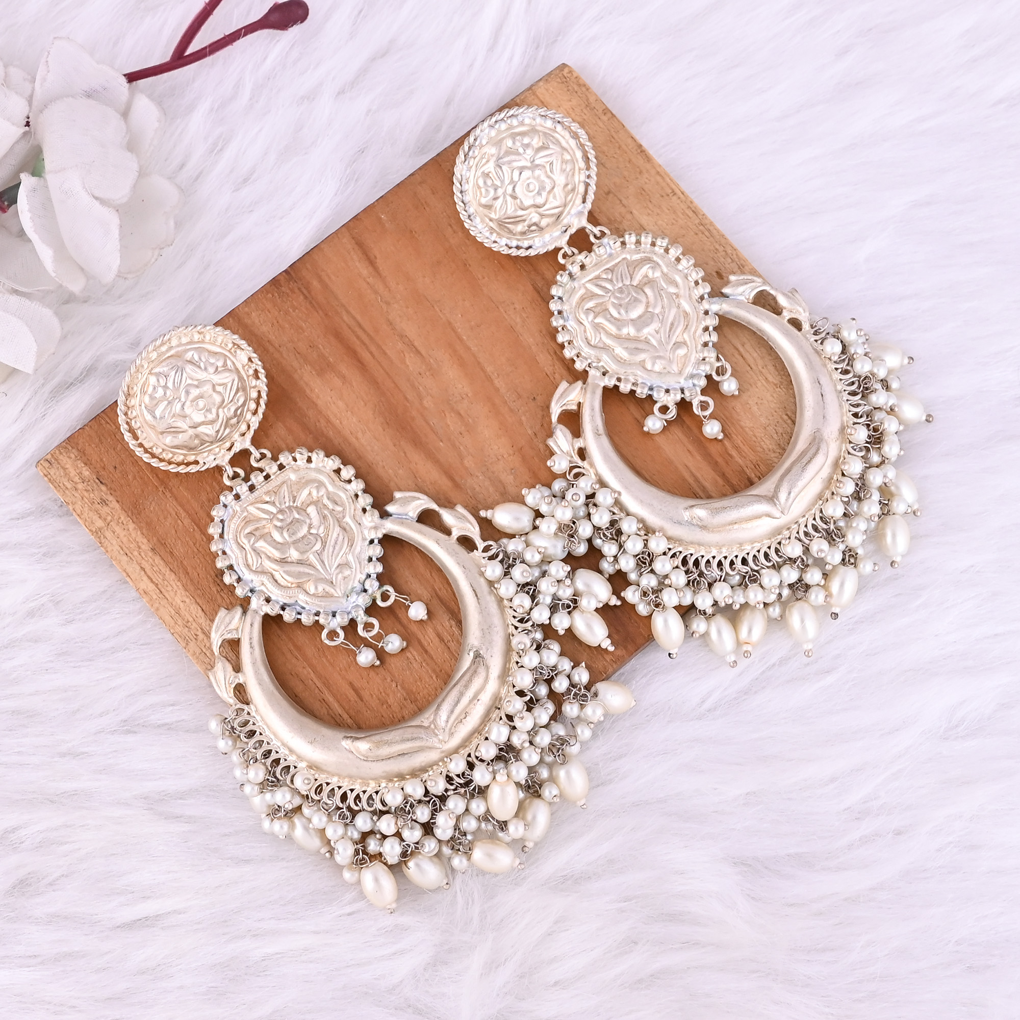 Pearls Stone German Silver Ethnic Design Dangle Earring