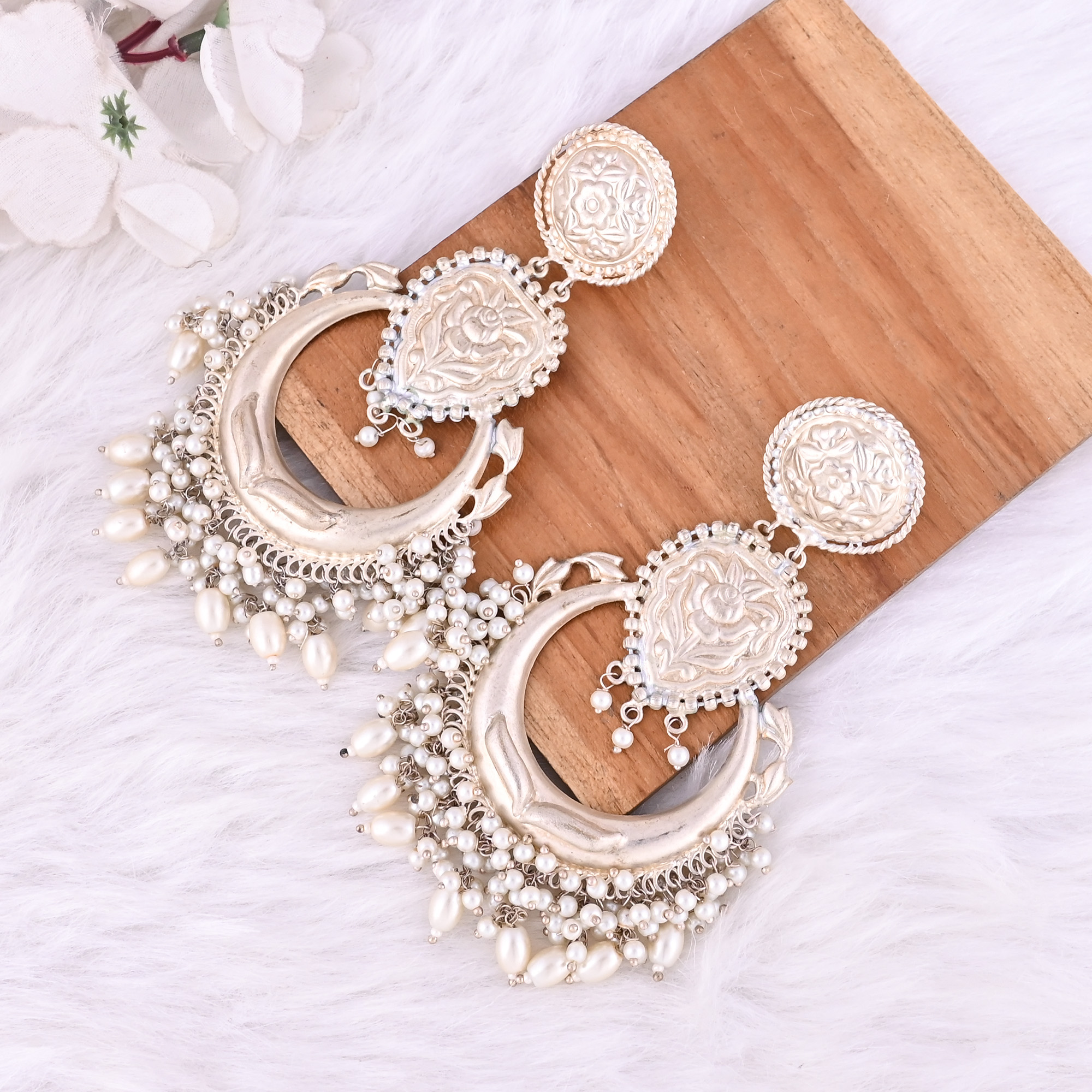 Pearl Stone German Silver Ethnic Design Long Dangle Earring