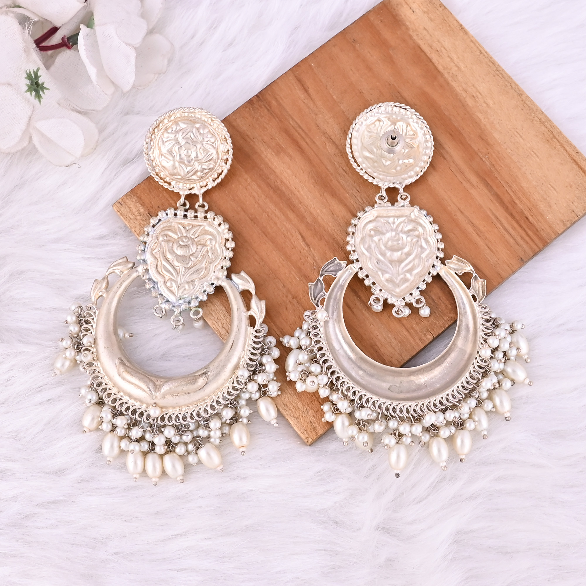 Pearl Stone German Silver Ethnic Design Long Dangle Earring