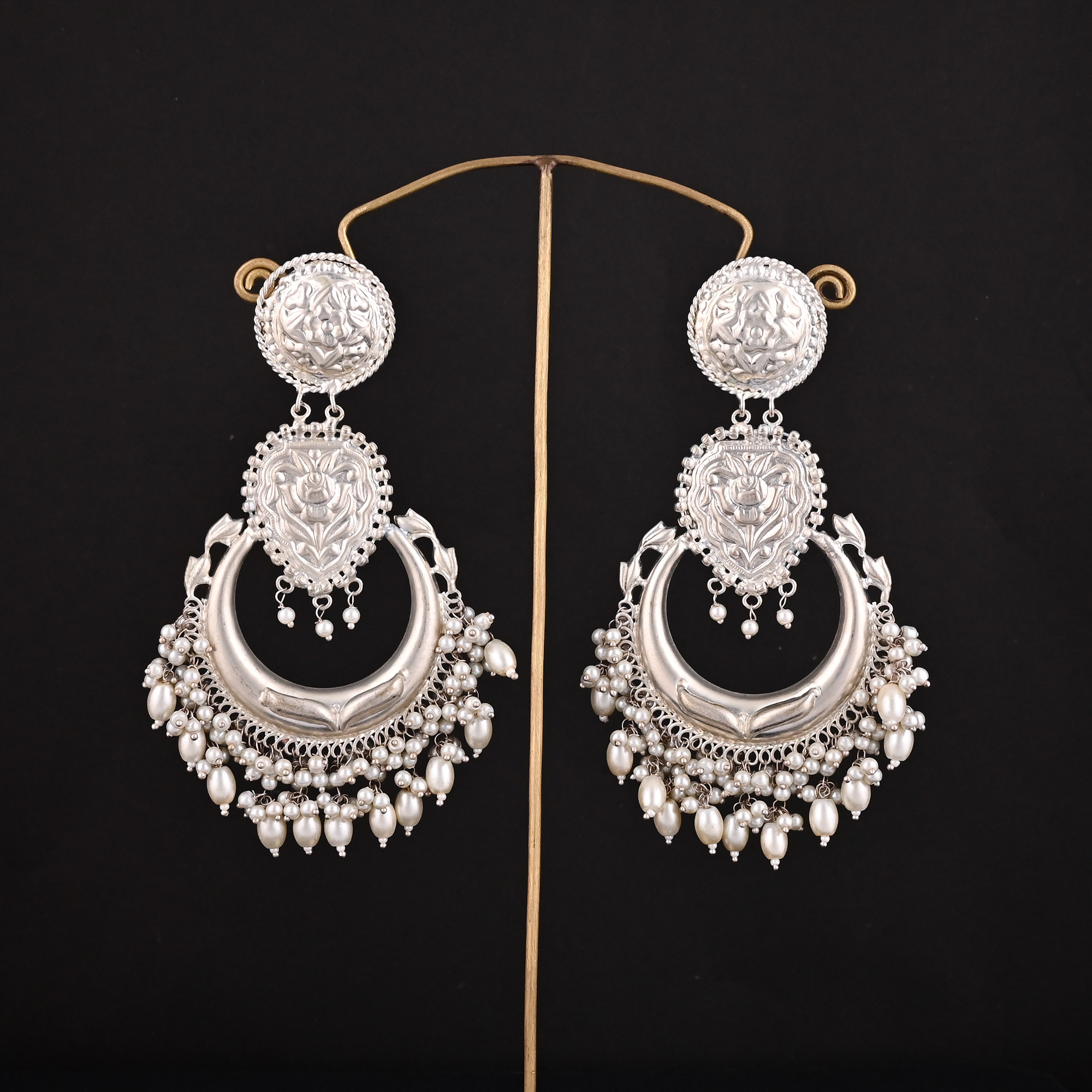 Pearl Stone German Silver Ethnic Design Long Dangle Earring