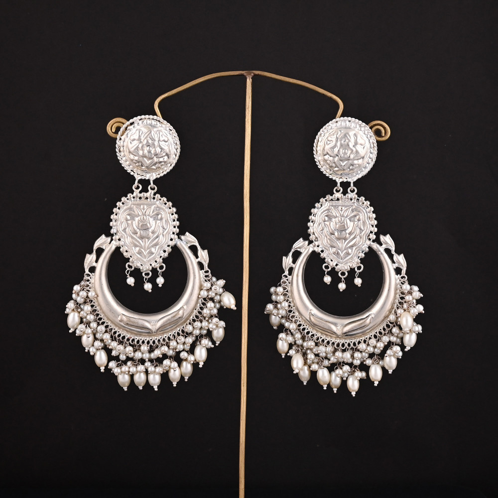 Image of Pearl Stone German Silver Ethnic Design Long Dangle Earring