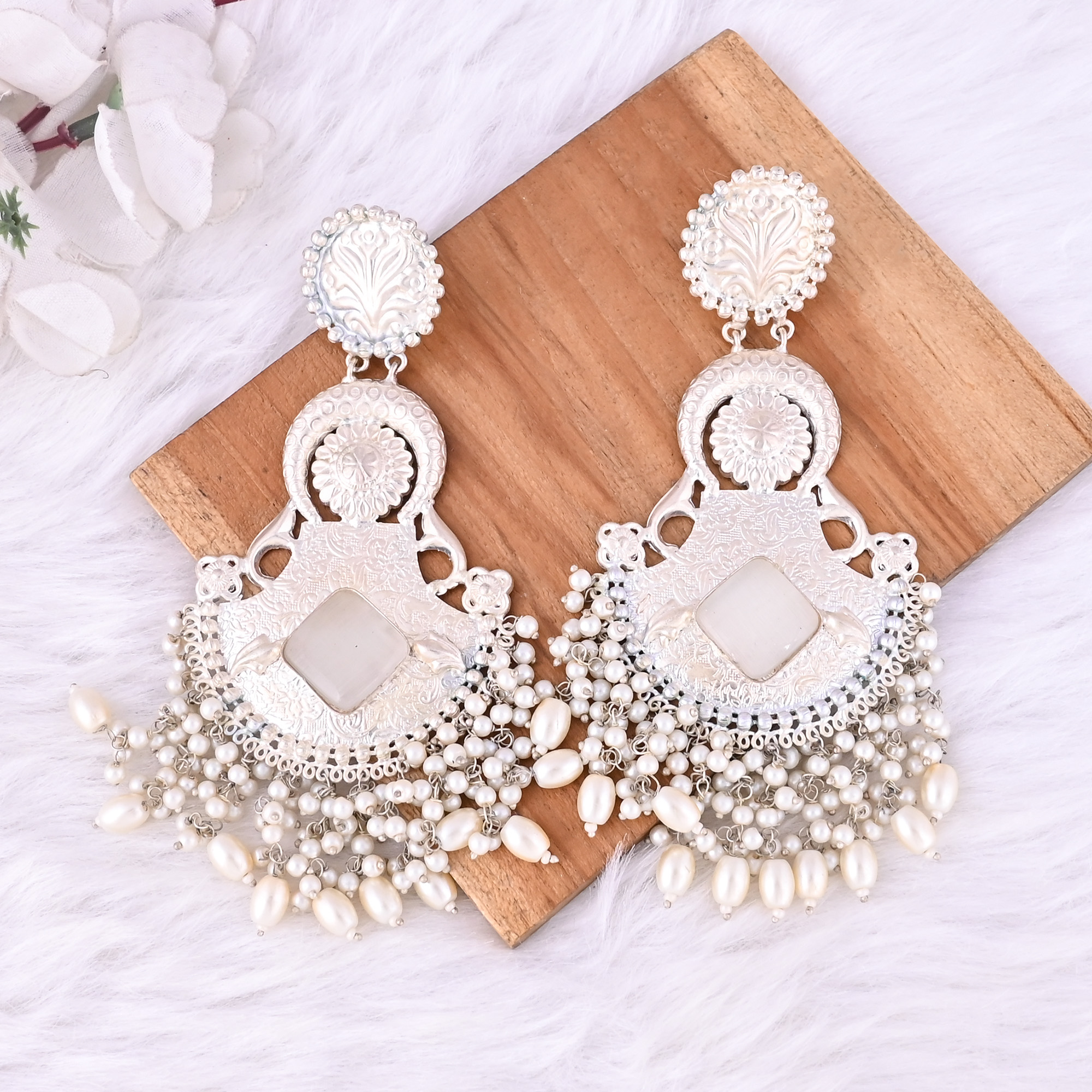 White Catseye Pearls Stone German Silver Ethnic Style Dangle Earring