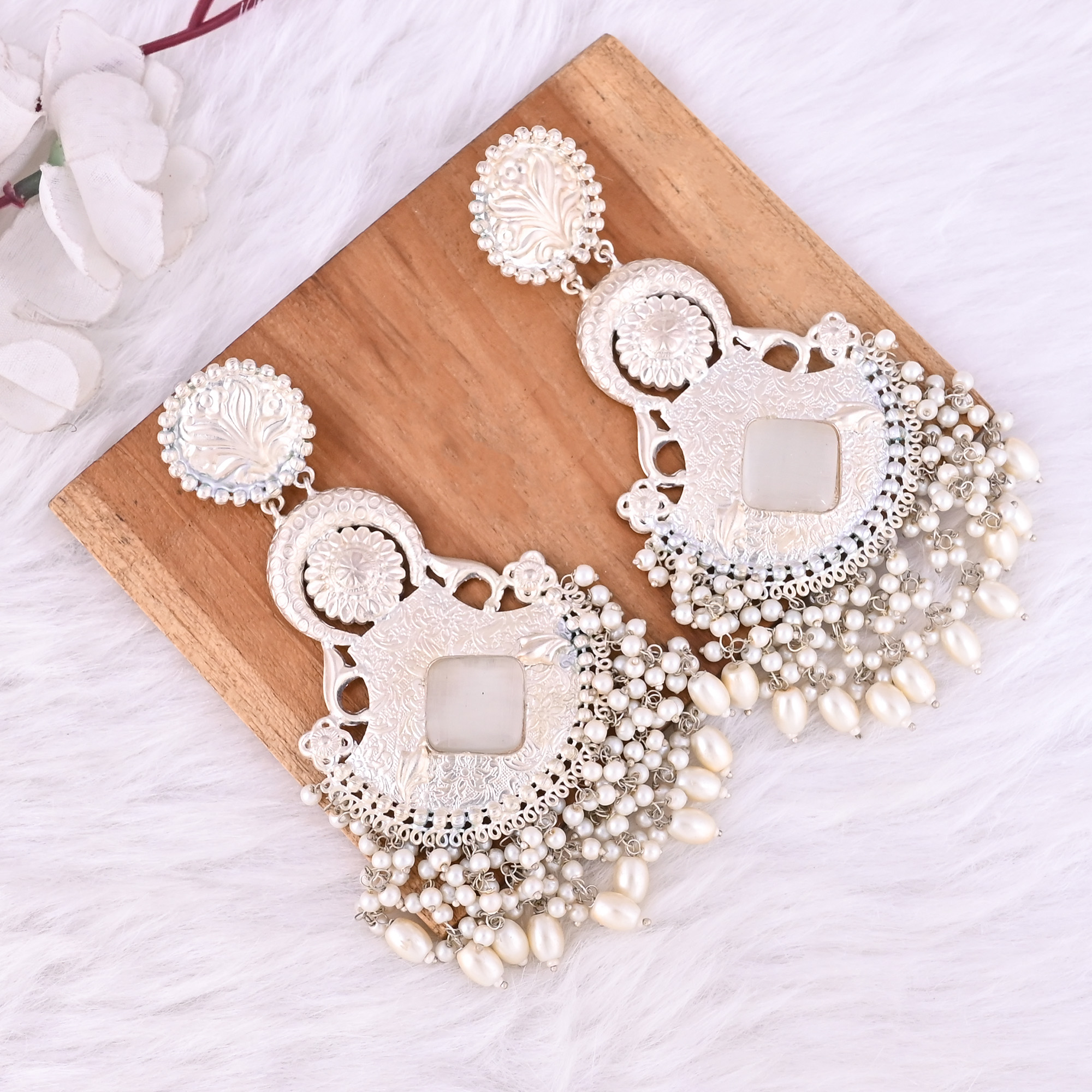 White Catseye Pearls Stone German Silver Ethnic Style Dangle Earring