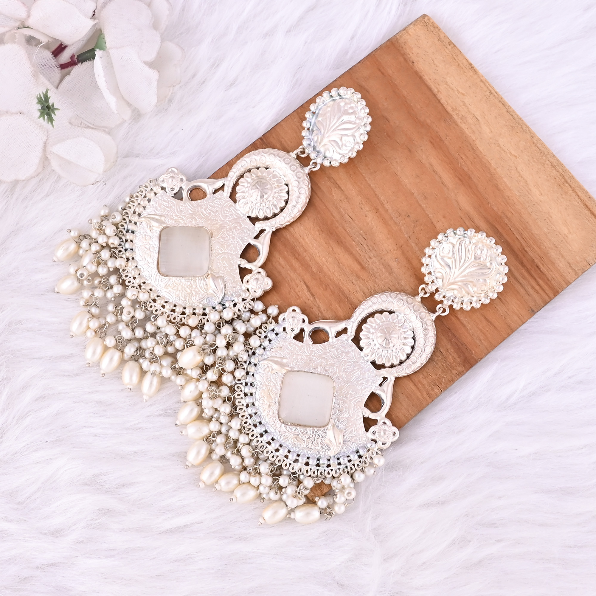 White Catseye Pearls Stone German Silver Ethnic Style Dangle Earring