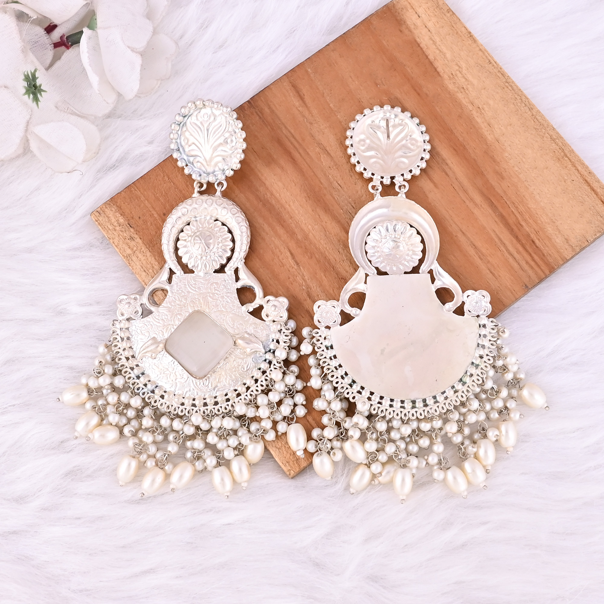 White Catseye Pearls Stone German Silver Ethnic Style Dangle Earring