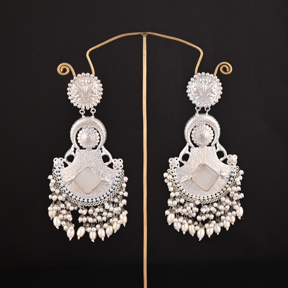 Image of White Cats'eye, Pearl's Stone German Silver Ethnic Style Dangle Earring