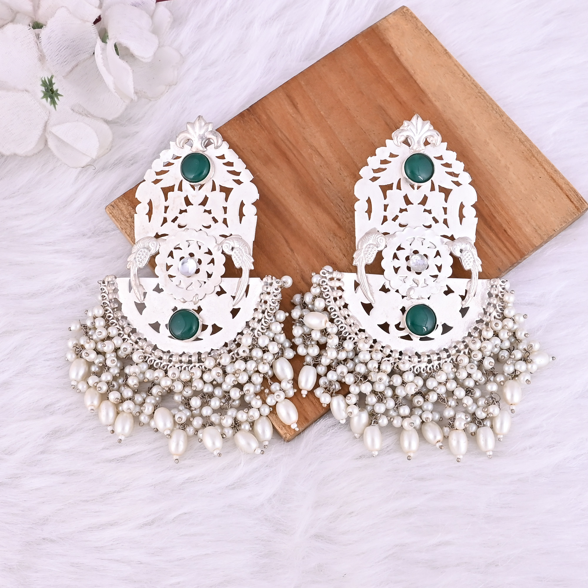 Green Onyx Cubic Zirconia Pearl Stone German Silver Ethnic Design Dangle Earring