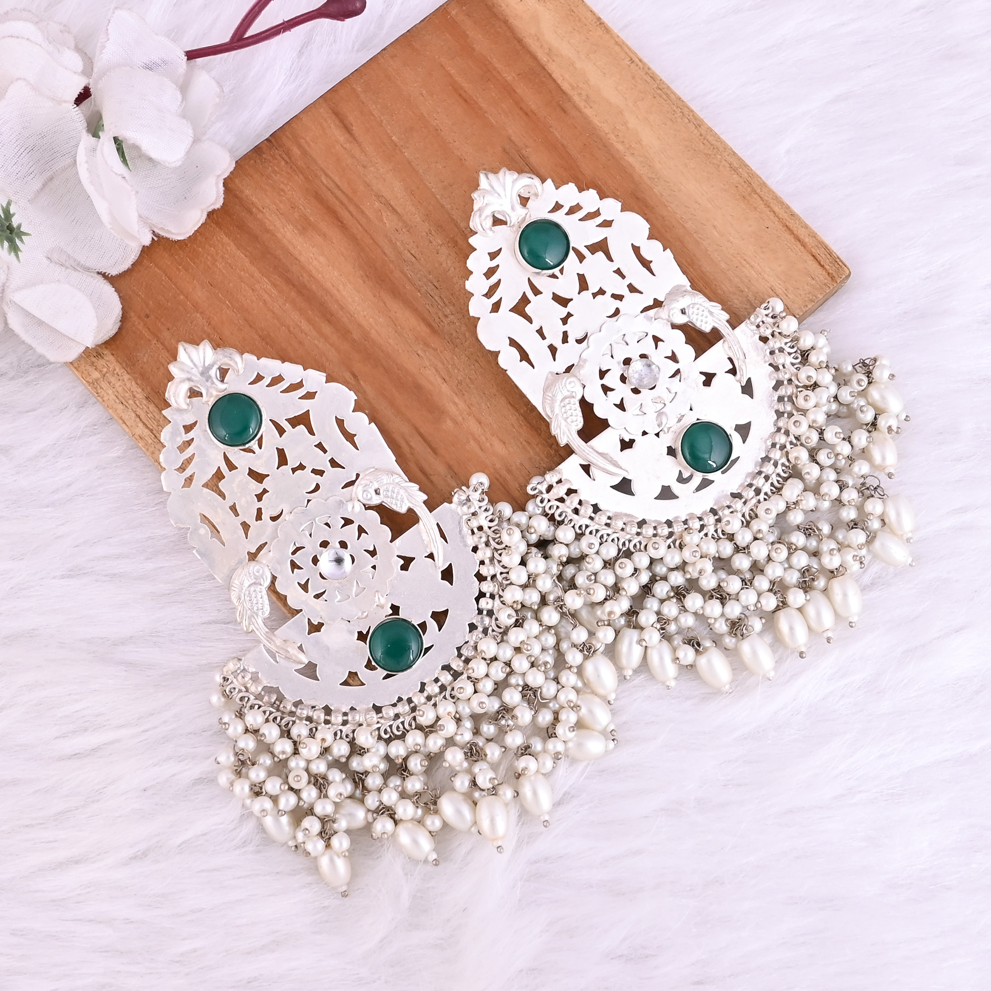 Green Onyx Cubic Zirconia Pearl Stone German  Silver Ethnic Design Dangle Earring