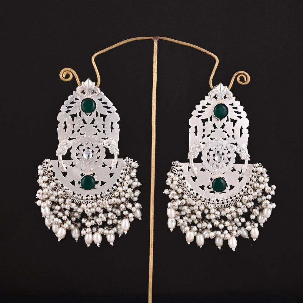 Image of Green Onyx, Cubic Zirconia, Pearl Stone German  Silver Ethnic Design Dangle Earring