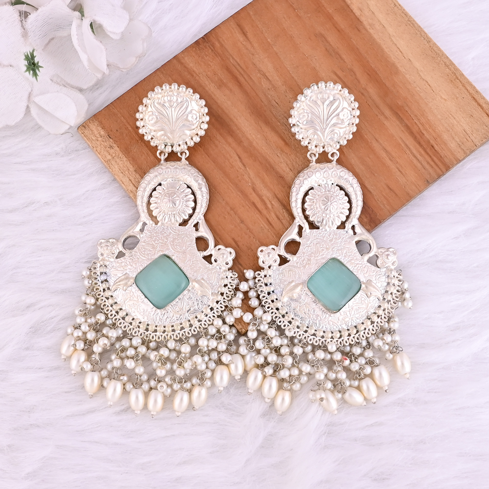 Aqua Green Catseye Pearl Stone German Silver Ethnic Design Dangle Earring