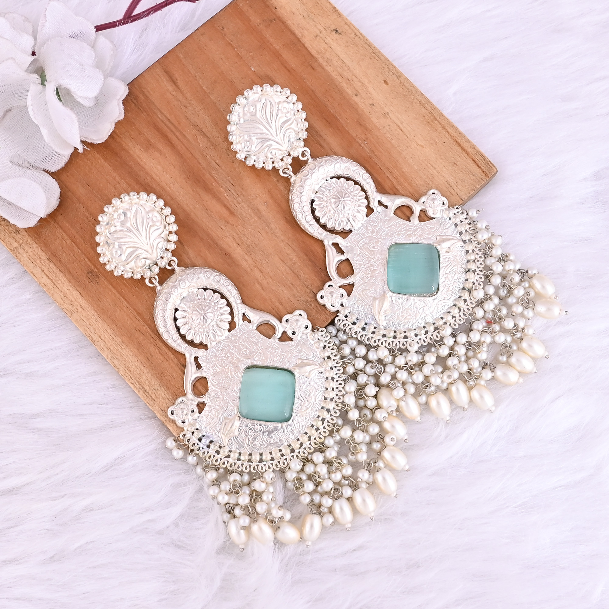 Aqua Green Catseye Pearl Stone German Silver Ethnic Design Dangle Earring