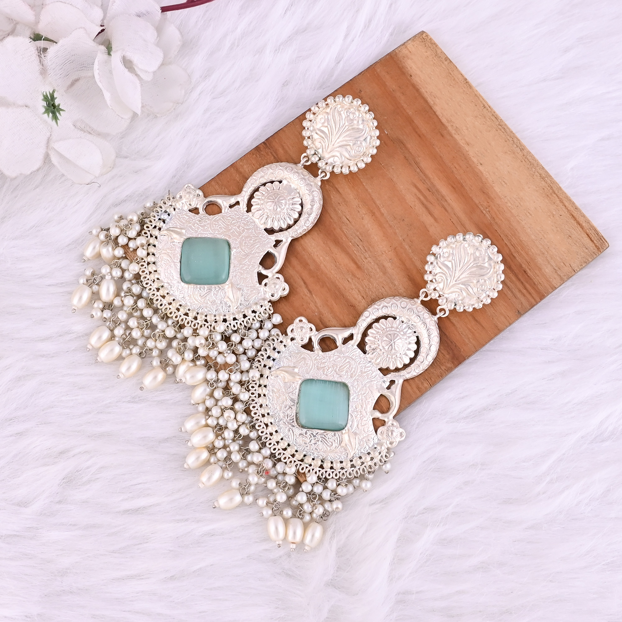 Aqua Green Catseye Pearl Stone German Silver Ethnic Design Dangle Earring