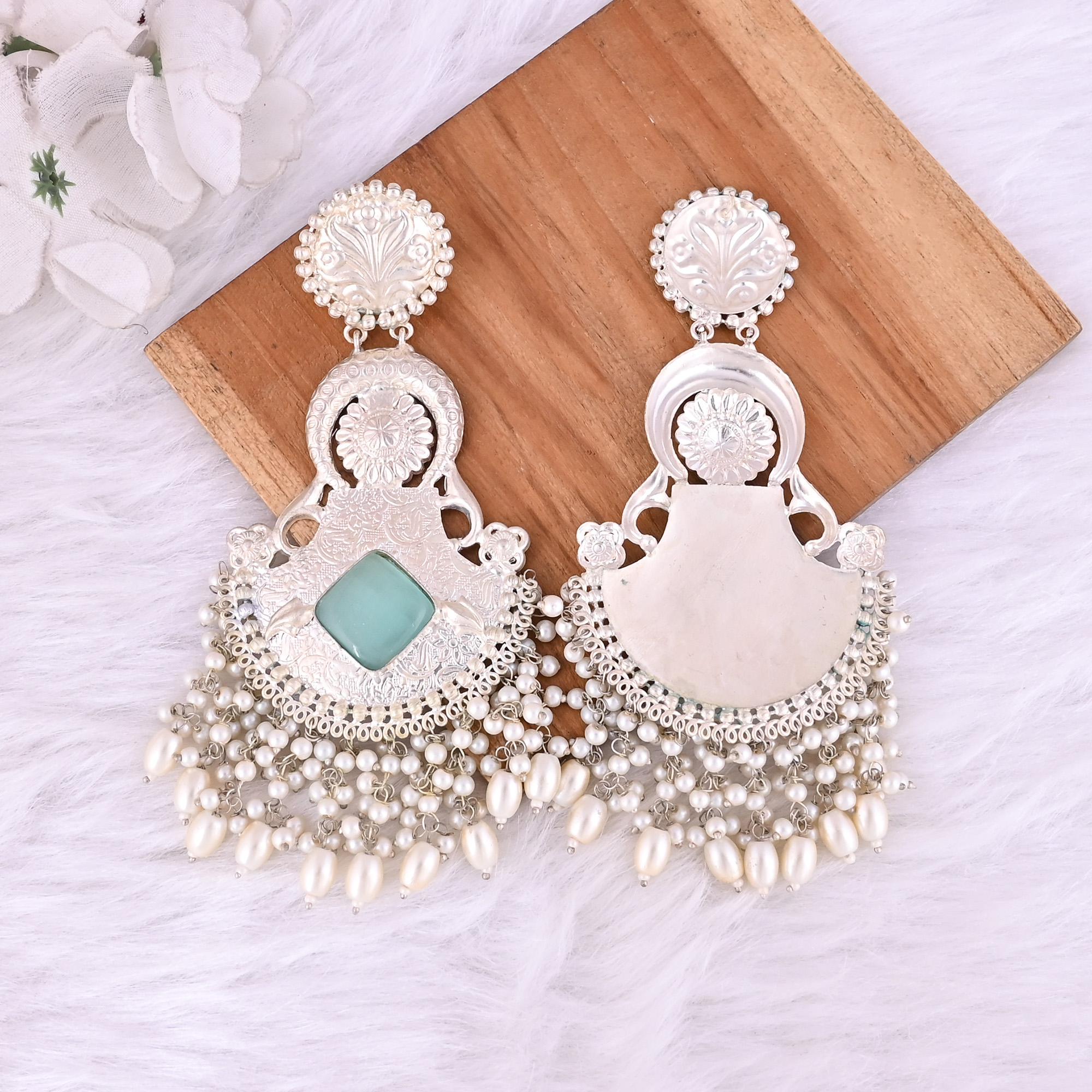 Aqua Green Catseye Pearl Stone German Silver Ethnic Design Dangle Earring