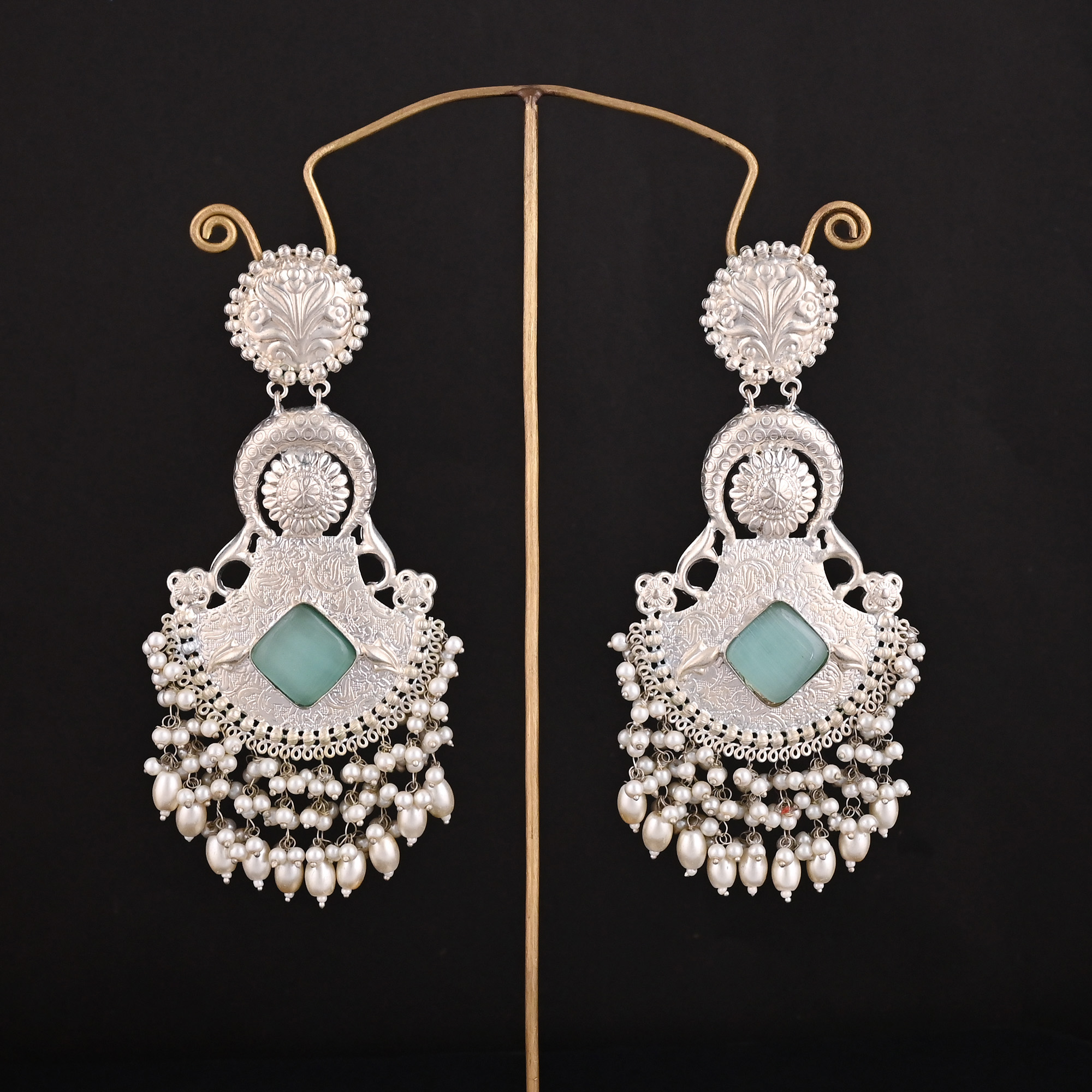 Aqua Green Catseye Pearl Stone German Silver Ethnic Design Dangle Earring