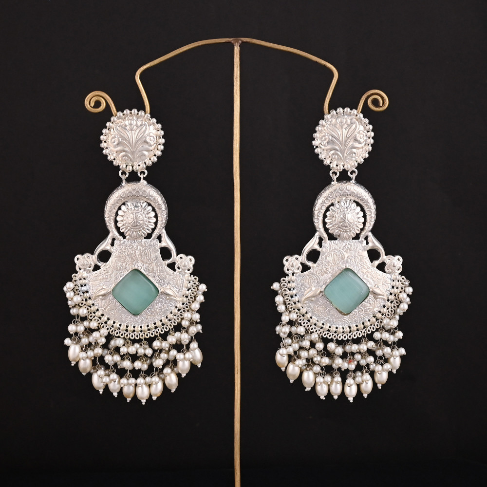 Image of Aqua Green Cat'seye, Pearl Stone German Silver Ethnic Design Dangle Earring