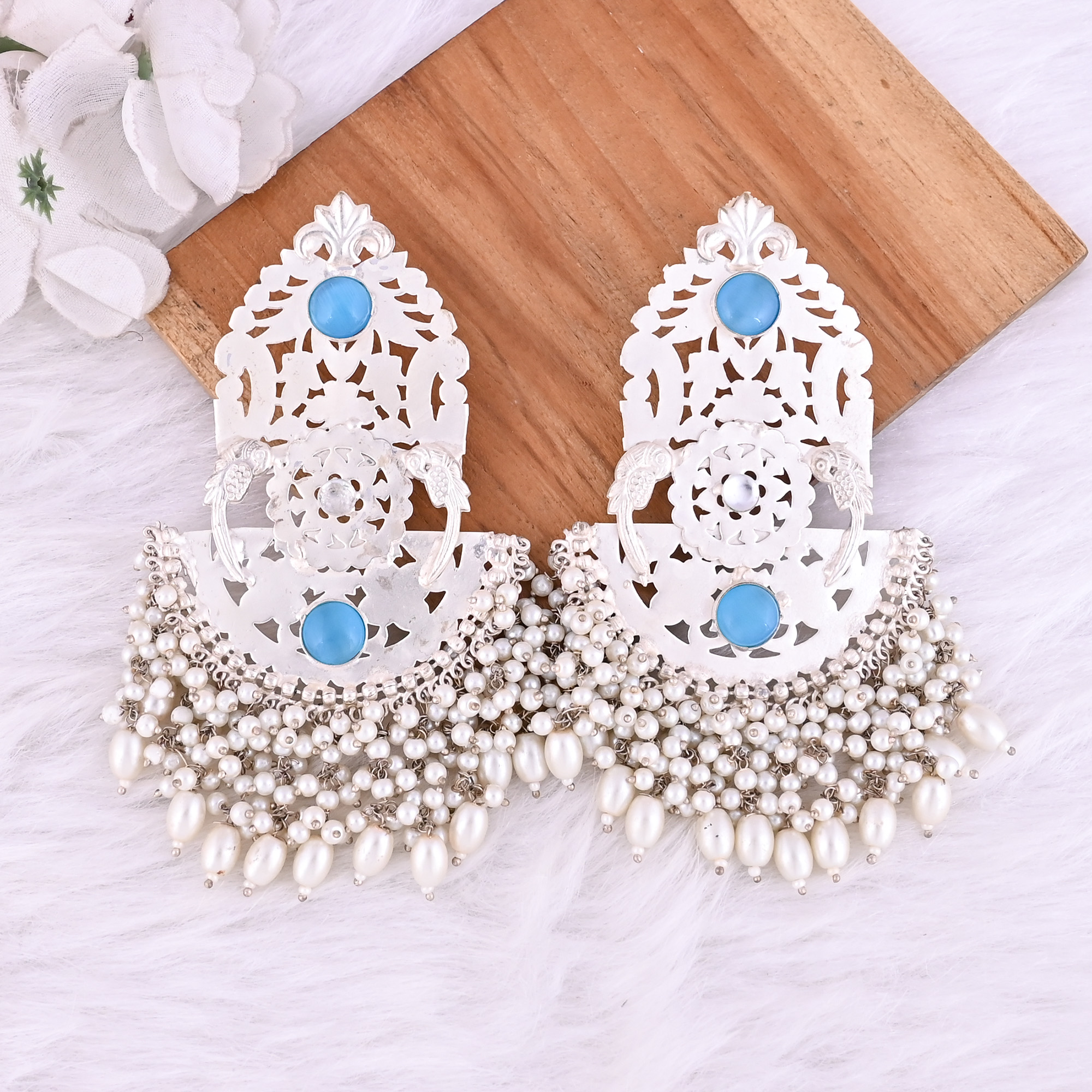 Blue Catseye Cubic Zirconia Pearls Stone German Silver Ethnic Design Dangle Earring