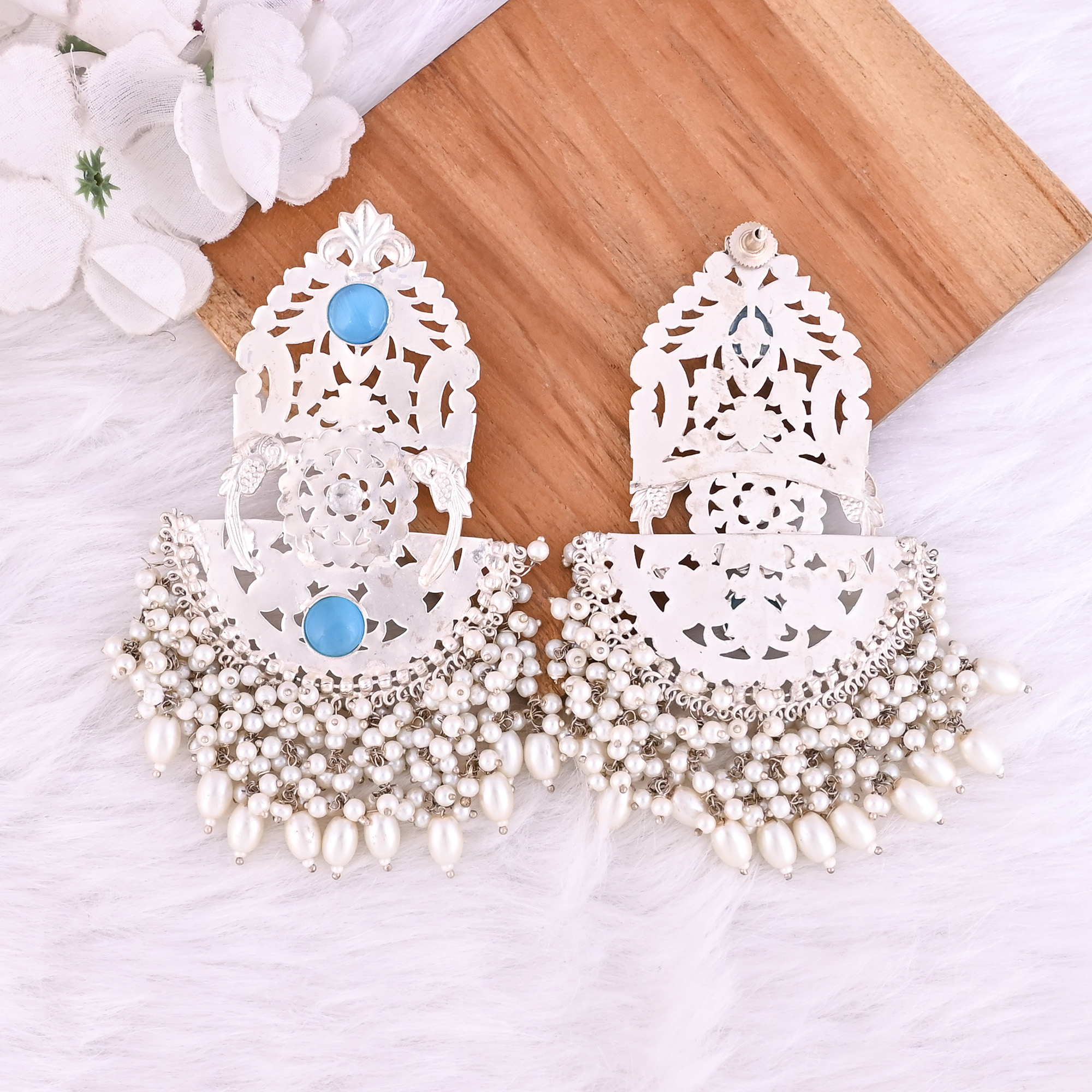 Blue Catseye Cubic Zirconia Pearls Stone German Silver Ethnic Design Dangle Earring